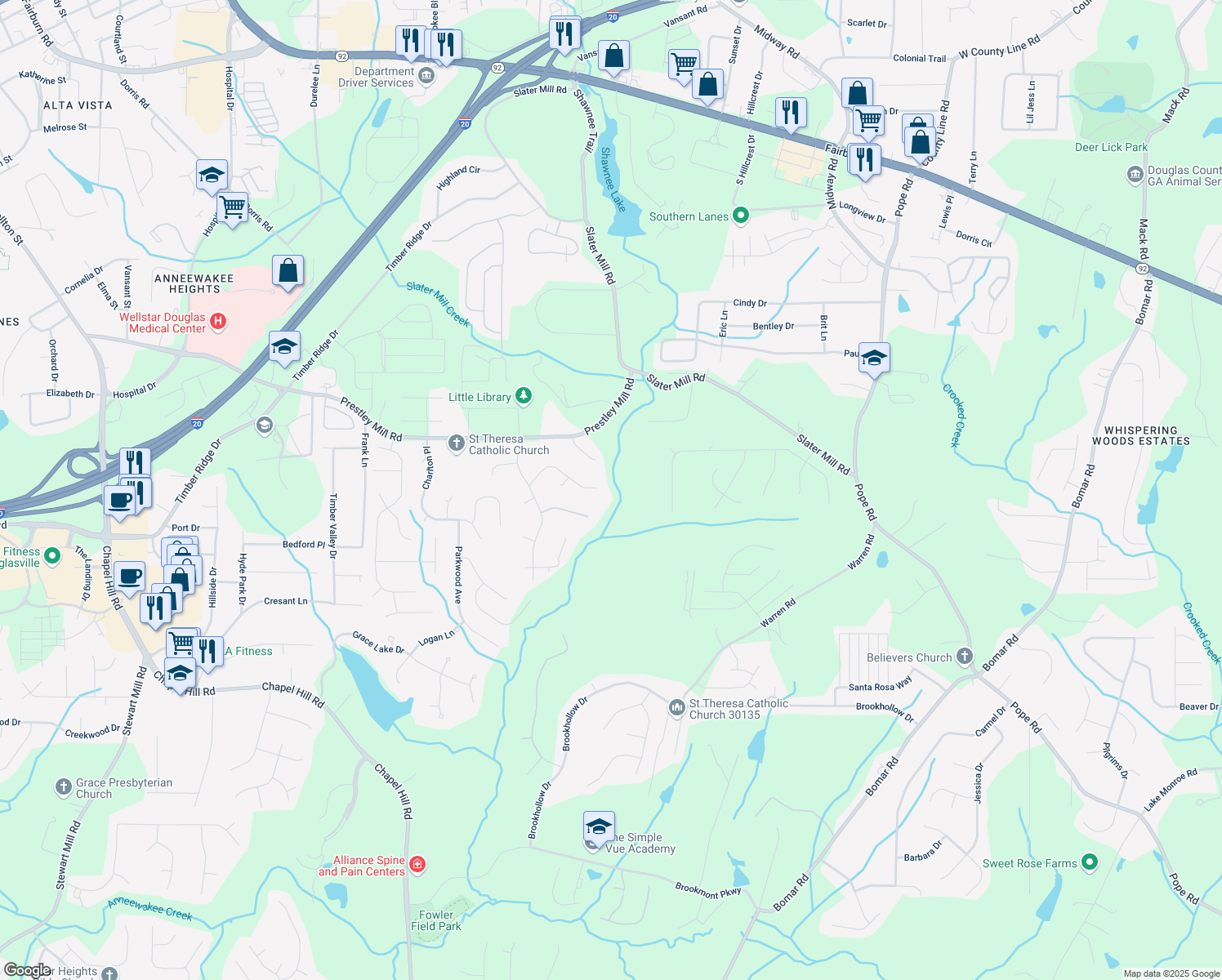 map of restaurants, bars, coffee shops, grocery stores, and more near 5357 Steeple Chase in Douglasville