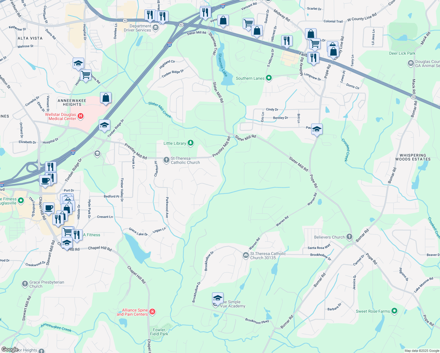 map of restaurants, bars, coffee shops, grocery stores, and more near 5357 Steeple Chase in Douglasville