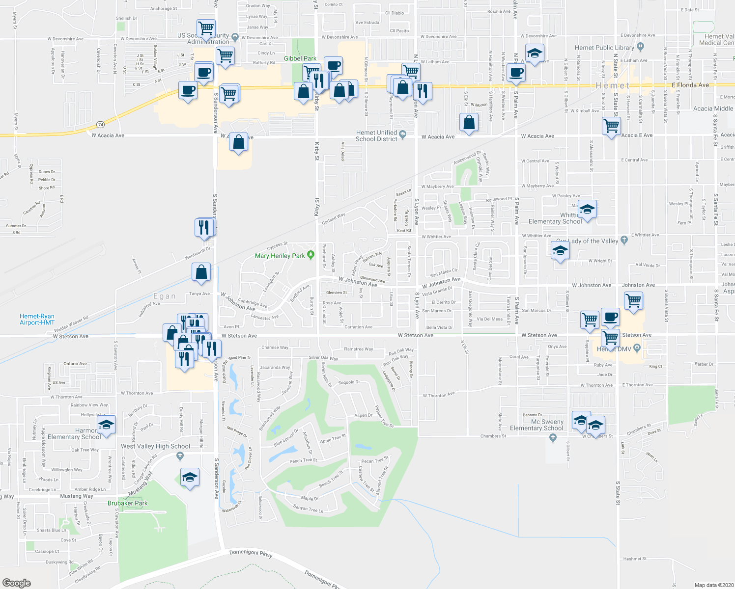 map of restaurants, bars, coffee shops, grocery stores, and more near 961 Aster Street in Hemet