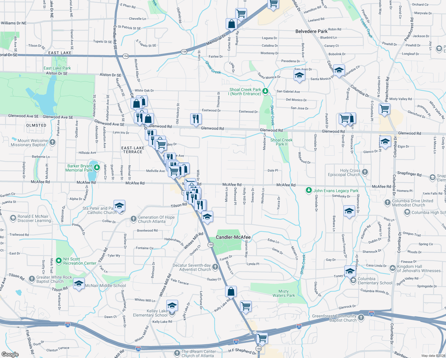 map of restaurants, bars, coffee shops, grocery stores, and more near 1994 Willa Way in Decatur