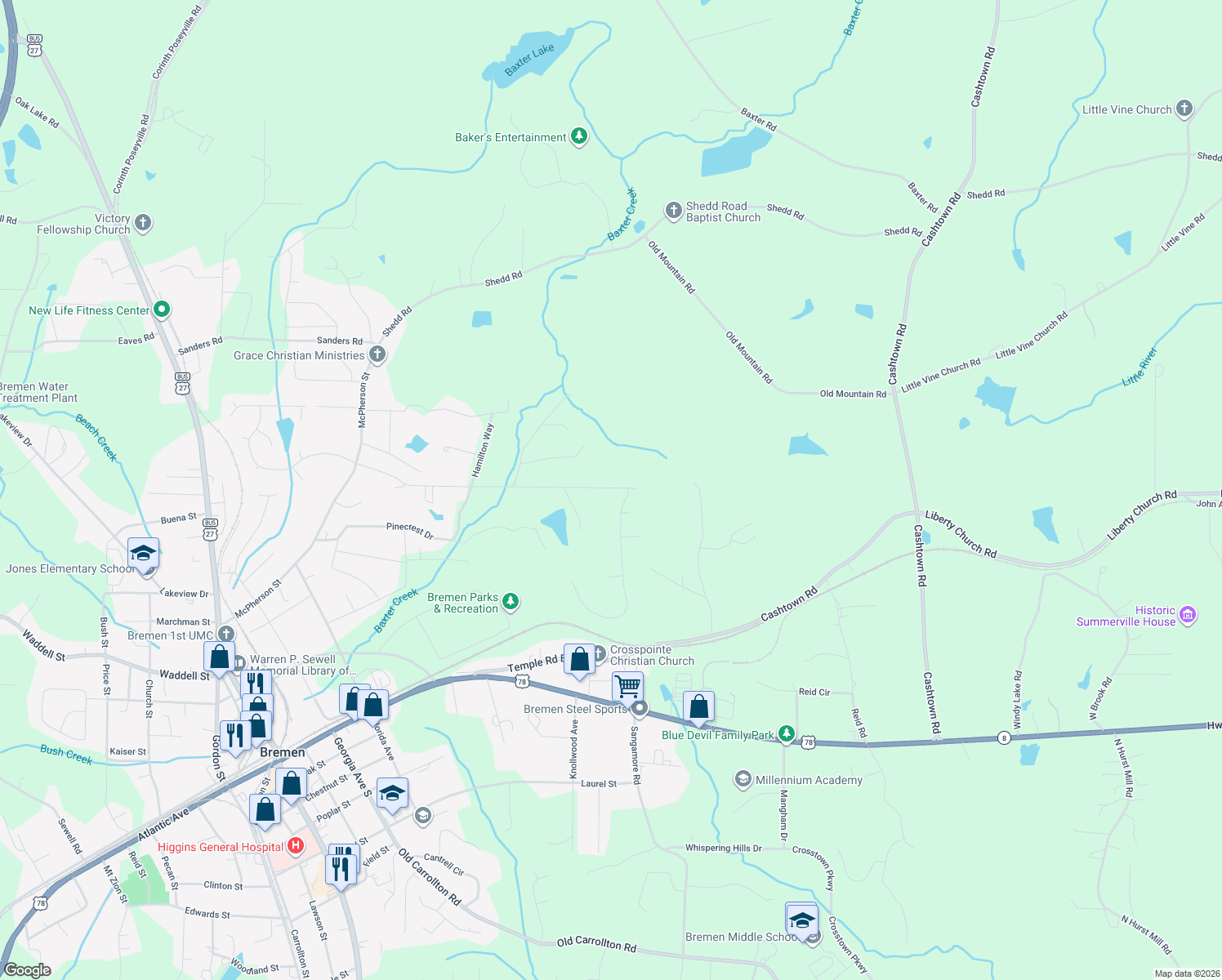 map of restaurants, bars, coffee shops, grocery stores, and more near 914 Cherokee Drive in Bremen