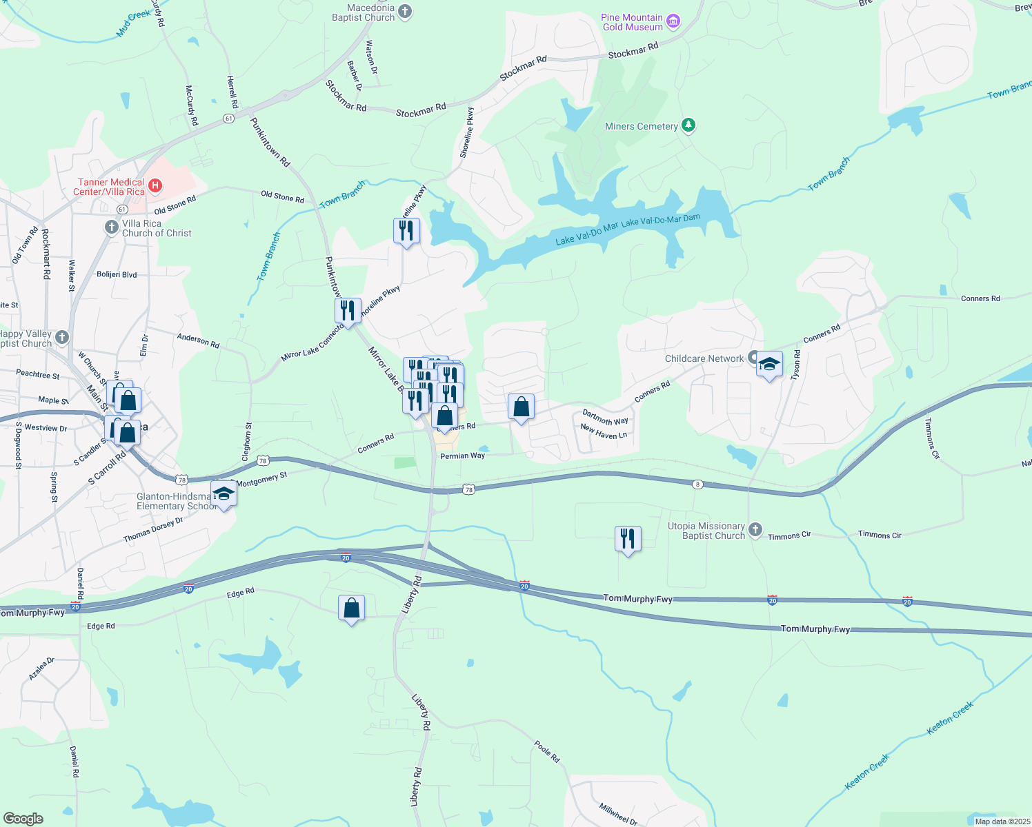 map of restaurants, bars, coffee shops, grocery stores, and more near 2752 Nautical Way in Villa Rica