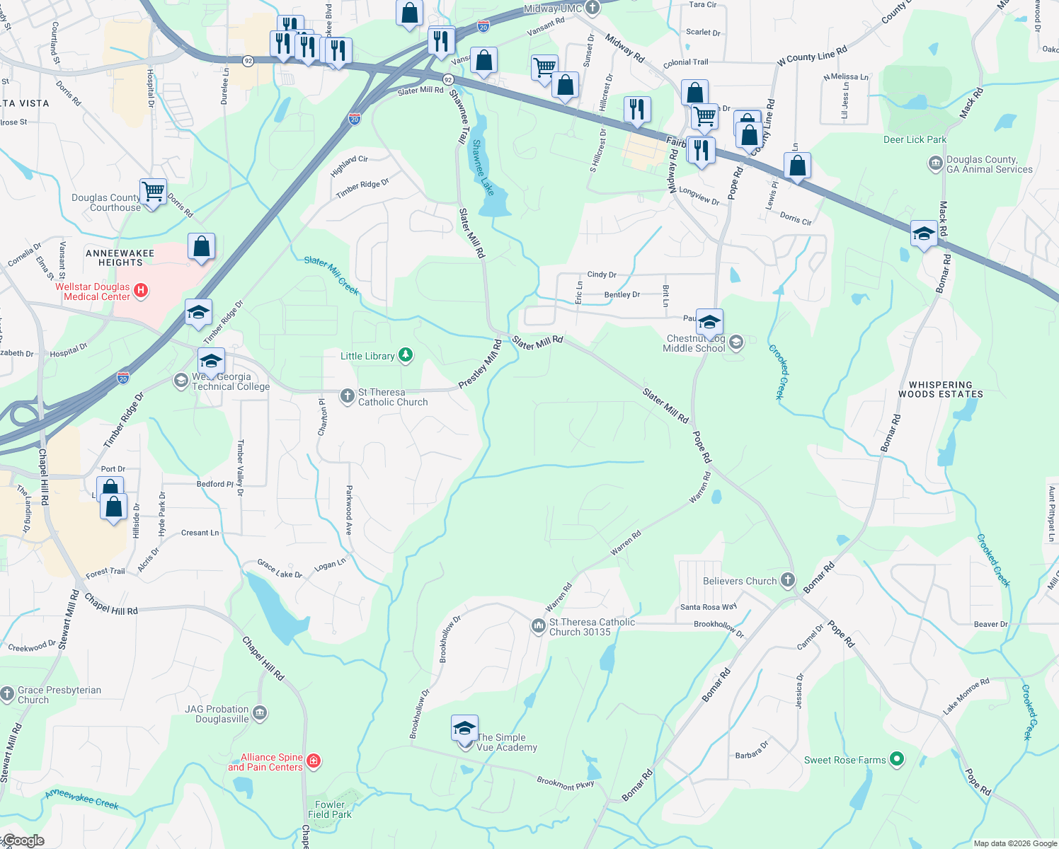map of restaurants, bars, coffee shops, grocery stores, and more near 5071 Manning Drive in Douglasville