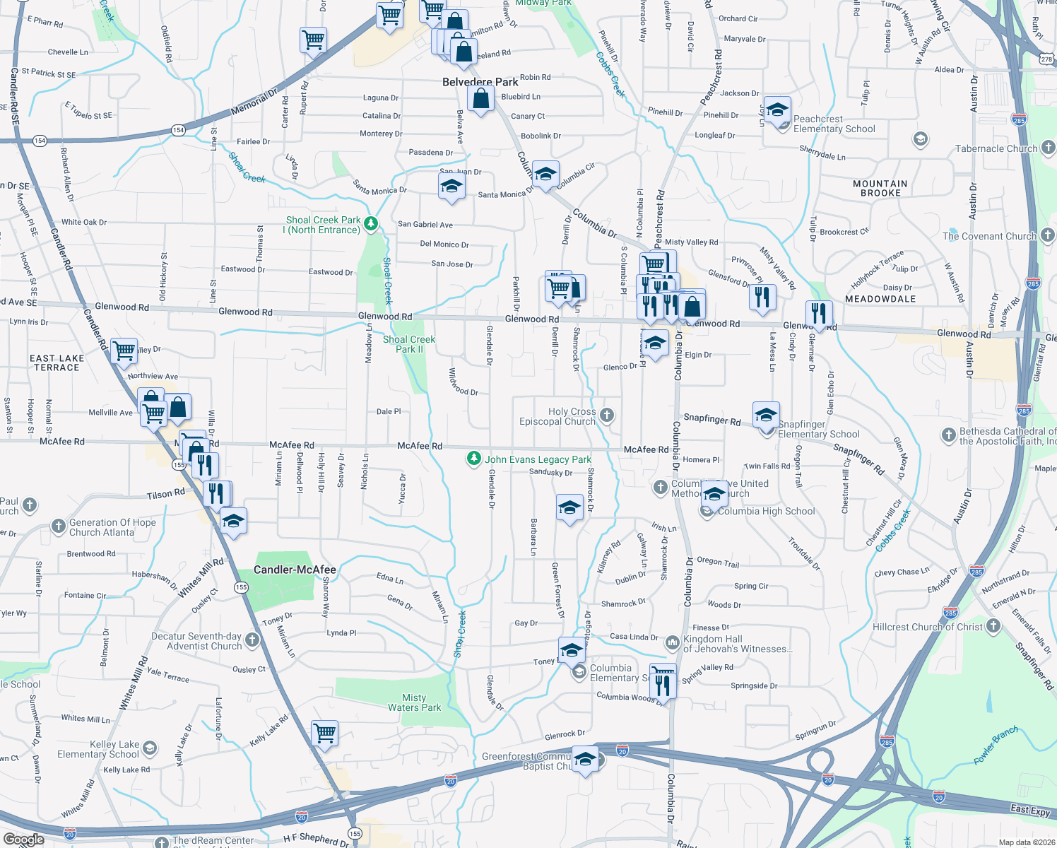 map of restaurants, bars, coffee shops, grocery stores, and more near 1975 Laurel Lane in Decatur