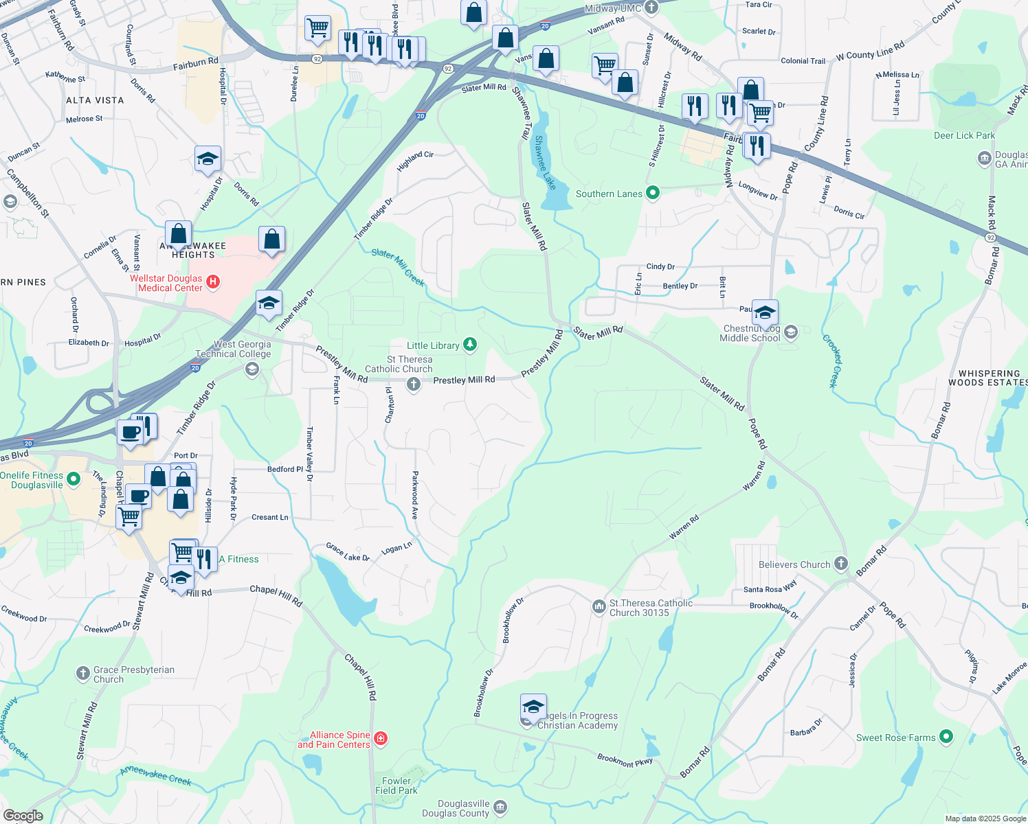 map of restaurants, bars, coffee shops, grocery stores, and more near 5404 Steeple Chase in Douglasville