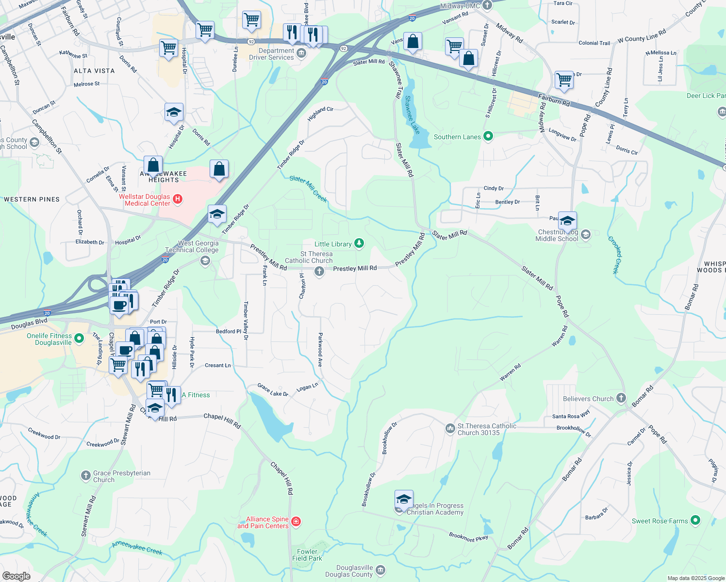 map of restaurants, bars, coffee shops, grocery stores, and more near 5480 Steeple Chase in Douglasville