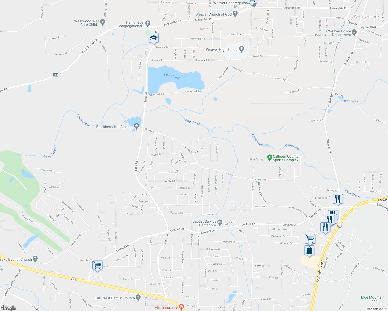 map of restaurants, bars, coffee shops, grocery stores, and more near 298 West 64th Street in Anniston