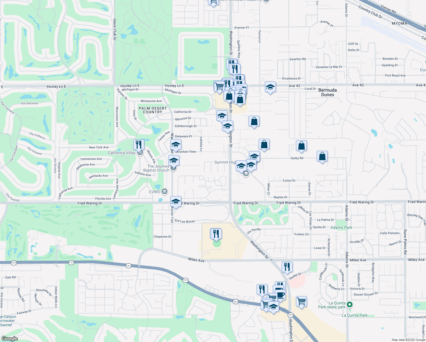 map of restaurants, bars, coffee shops, grocery stores, and more near 58 Payson Cir in Palm Desert