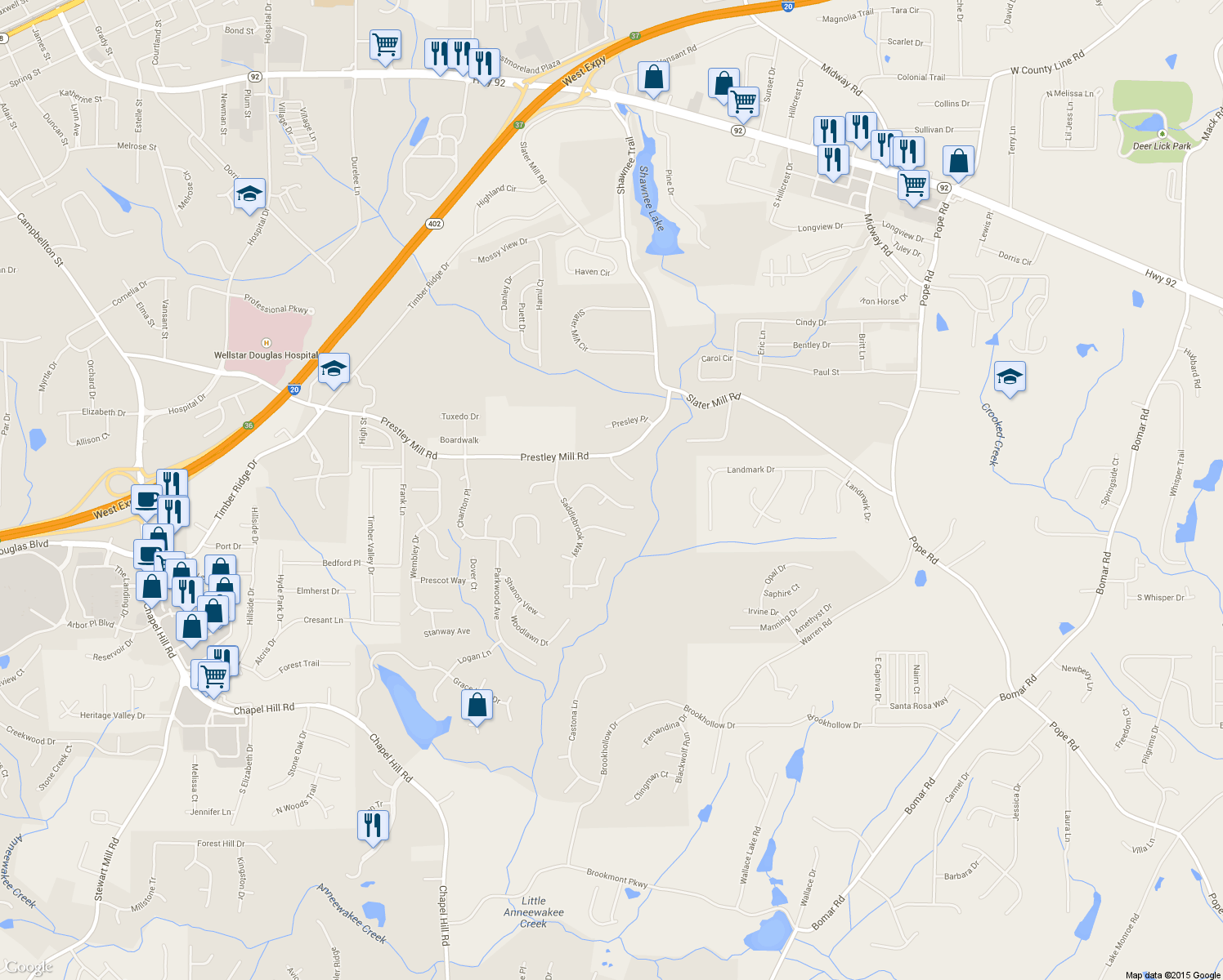 map of restaurants, bars, coffee shops, grocery stores, and more near 9115 Saddlebrook Court in Douglasville