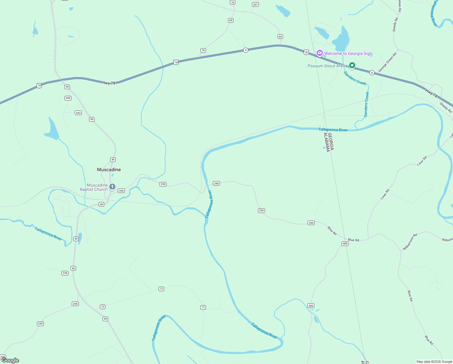 map of restaurants, bars, coffee shops, grocery stores, and more near County Road 290 in Muscadine