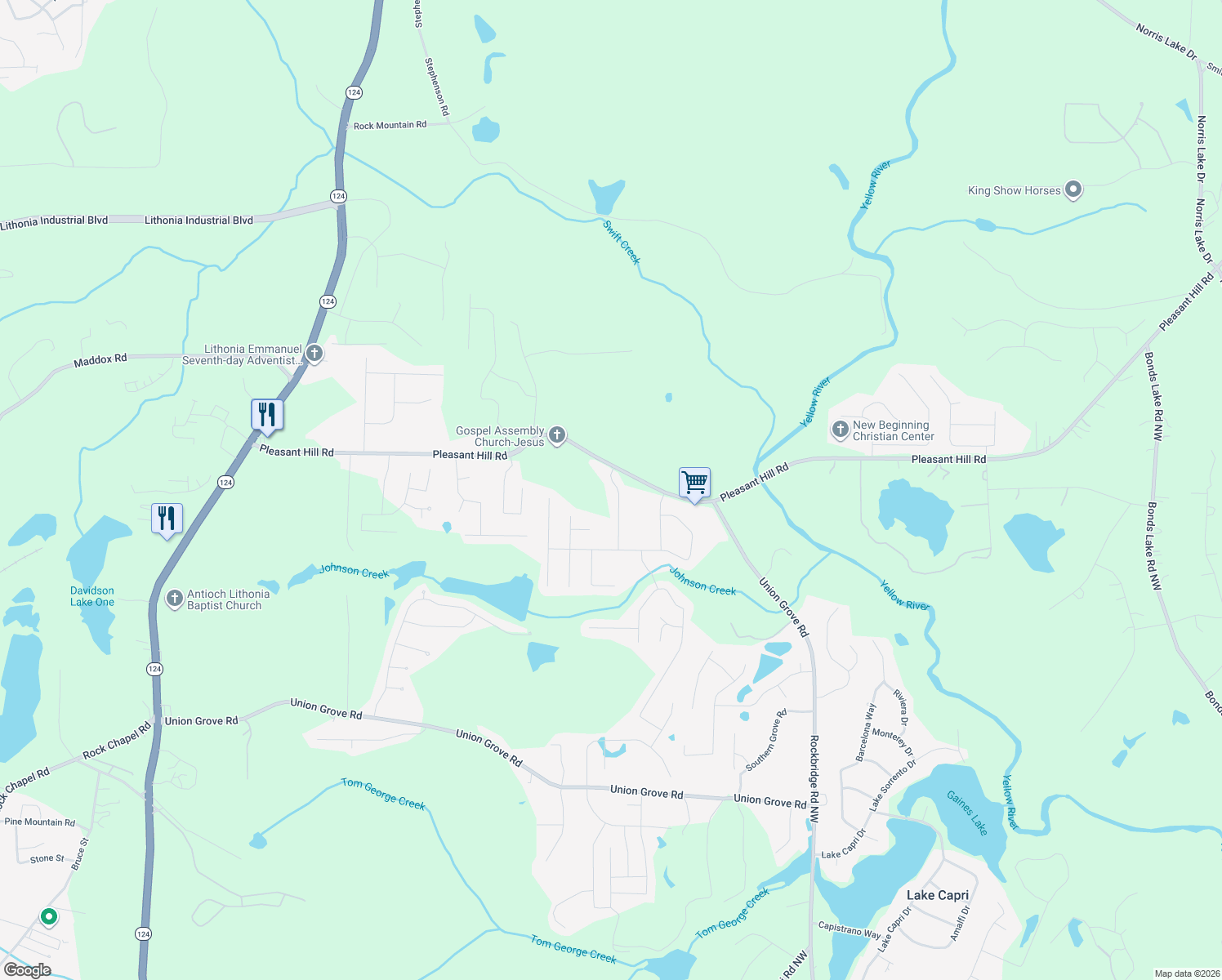 map of restaurants, bars, coffee shops, grocery stores, and more near 1858 Demilio Drive in Lithonia
