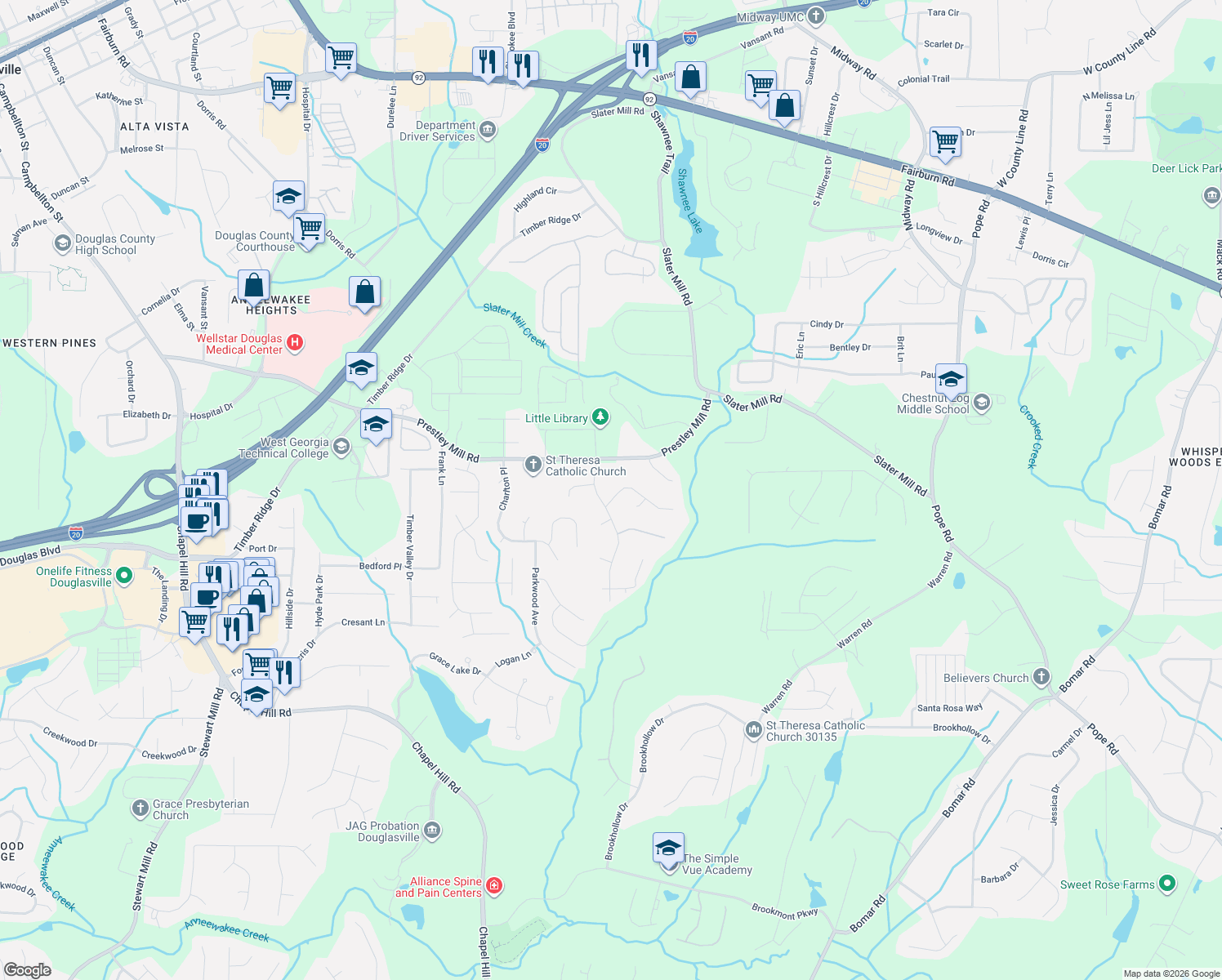 map of restaurants, bars, coffee shops, grocery stores, and more near 9126 Saddlebrook Way in Douglasville