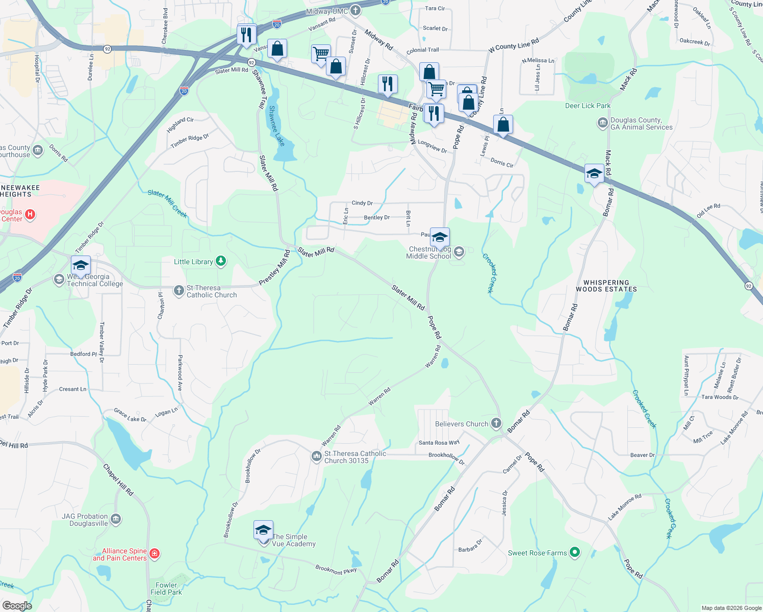 map of restaurants, bars, coffee shops, grocery stores, and more near 2672 Brass Lantern Ct in Douglasville
