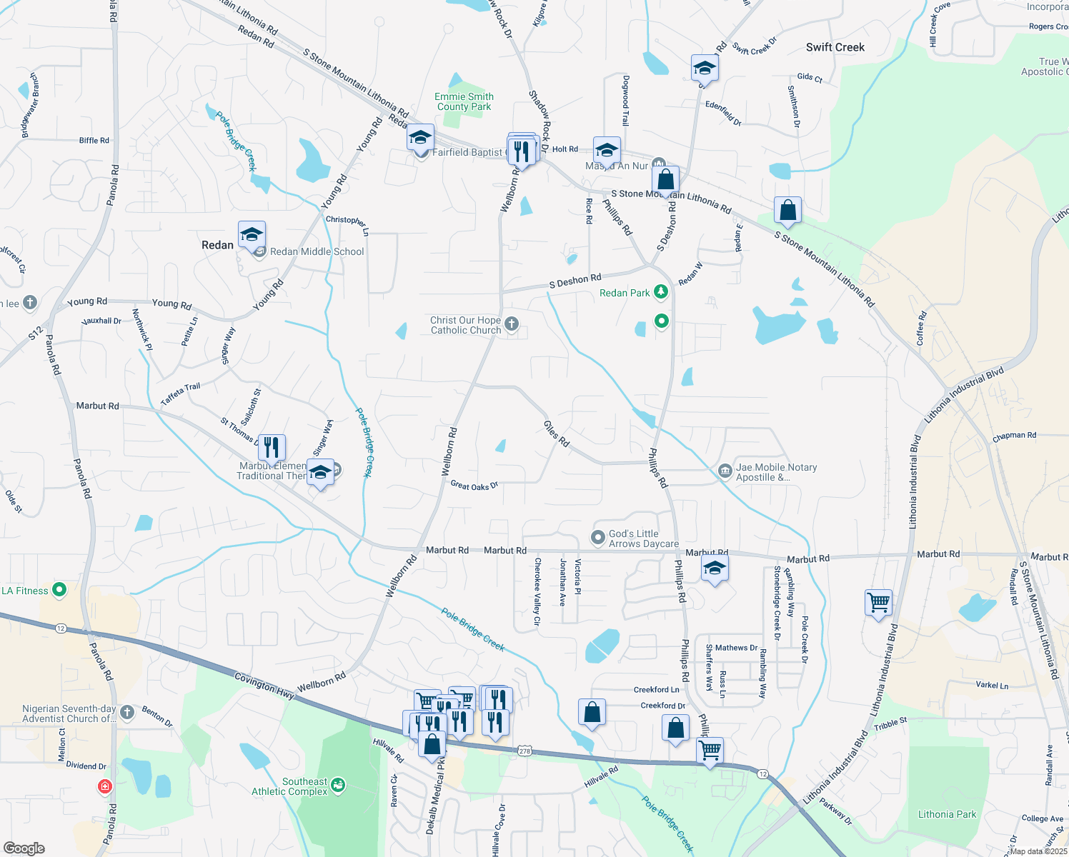 map of restaurants, bars, coffee shops, grocery stores, and more near 6092 Giles Court in Lithonia