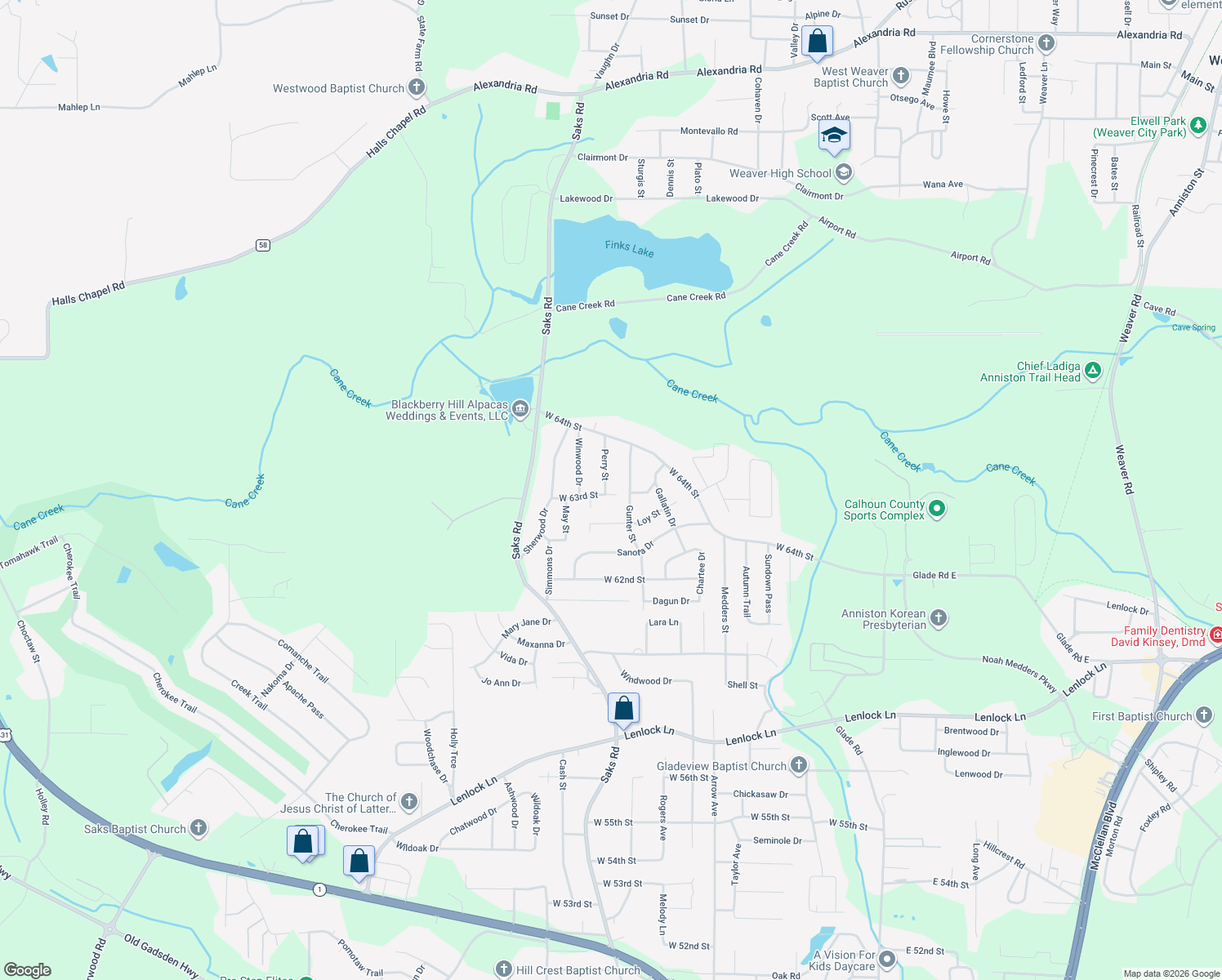 map of restaurants, bars, coffee shops, grocery stores, and more near 6306 Gunter Street in Anniston