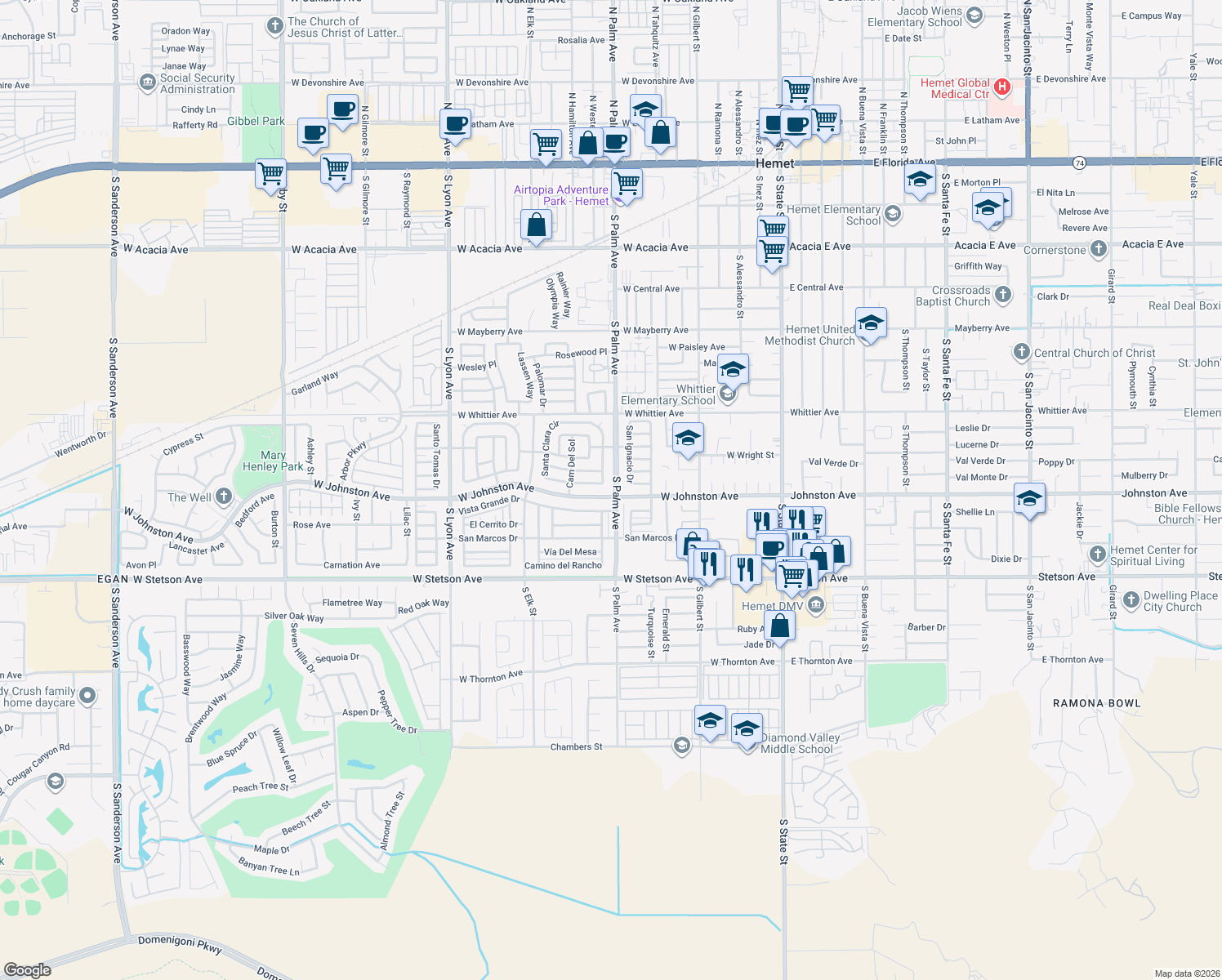 map of restaurants, bars, coffee shops, grocery stores, and more near 893 South Palm Avenue in Hemet