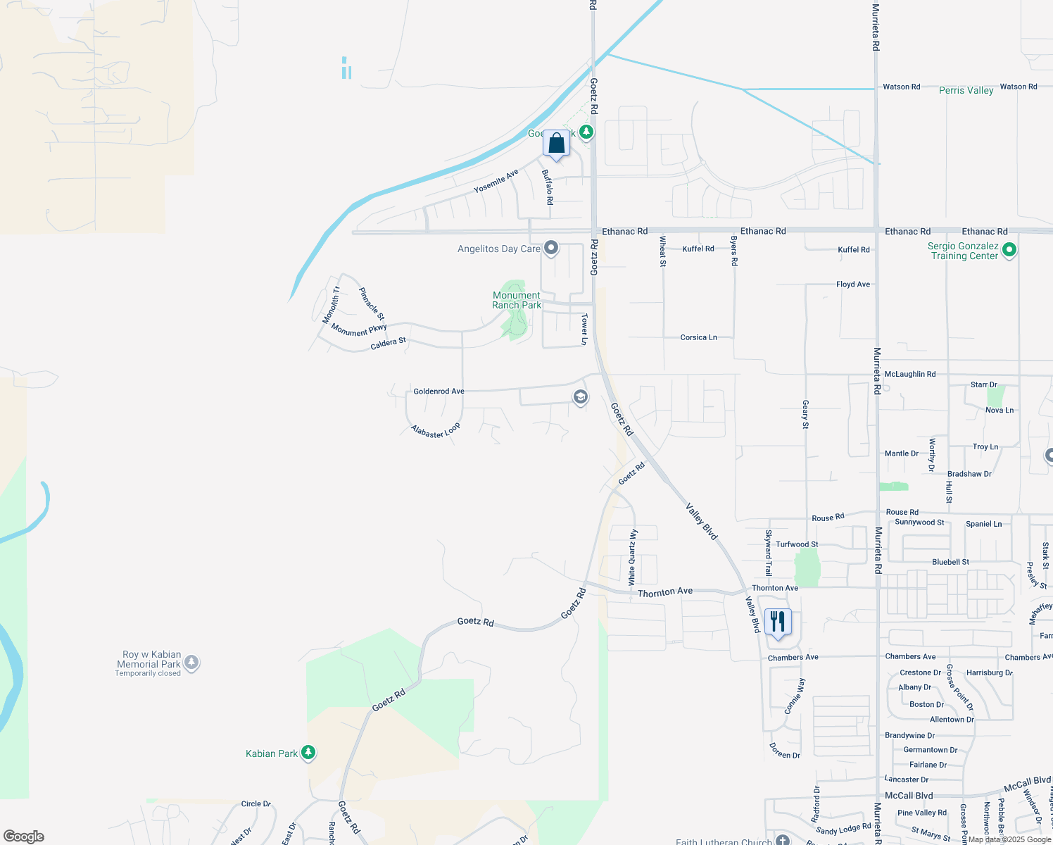 map of restaurants, bars, coffee shops, grocery stores, and more near 130 Azurite Place in Perris