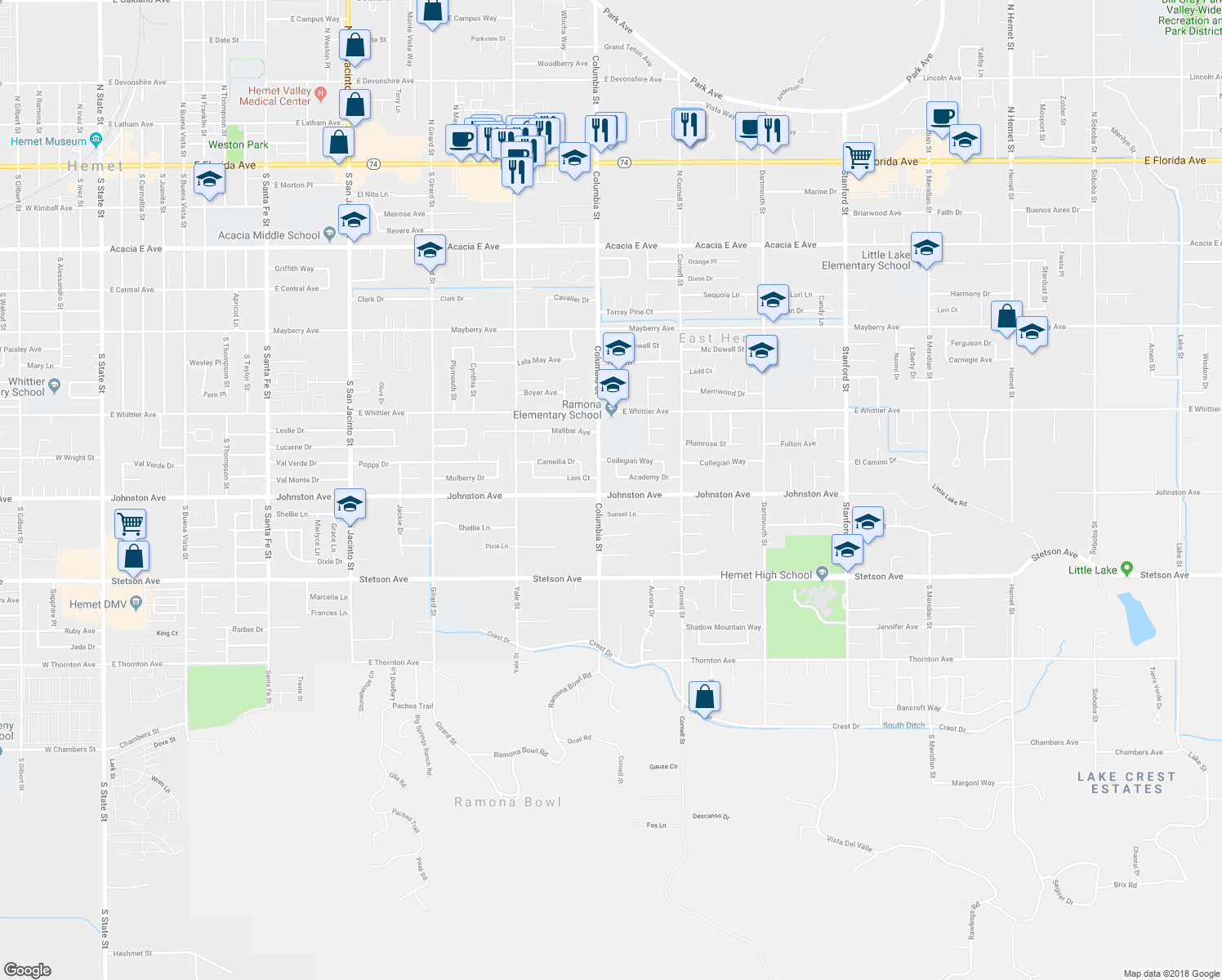map of restaurants, bars, coffee shops, grocery stores, and more near 41024 Johnston Avenue in Hemet