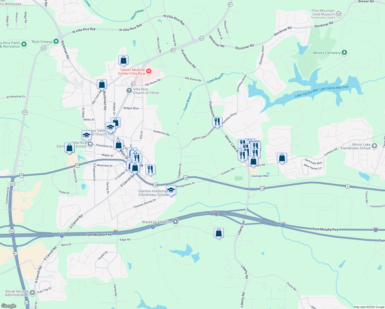 map of restaurants, bars, coffee shops, grocery stores, and more near 520 Myrtle Street in Villa Rica