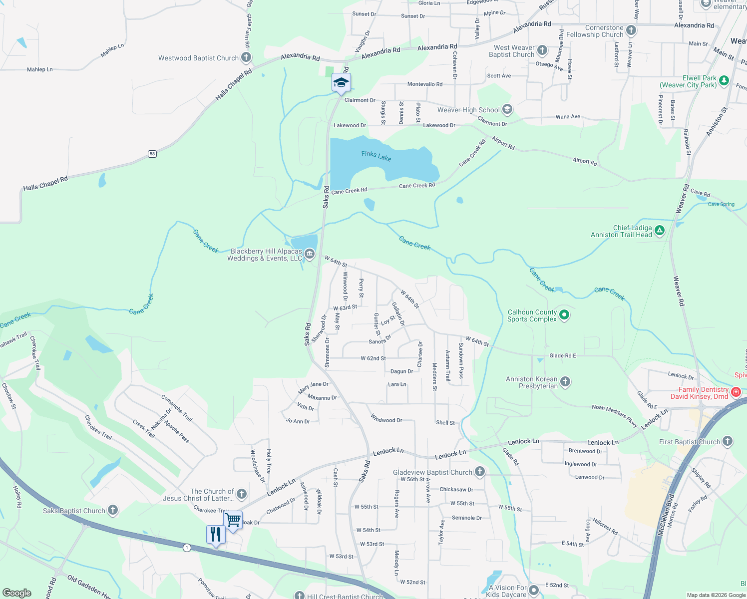 map of restaurants, bars, coffee shops, grocery stores, and more near 6306 Gunter Street in Anniston