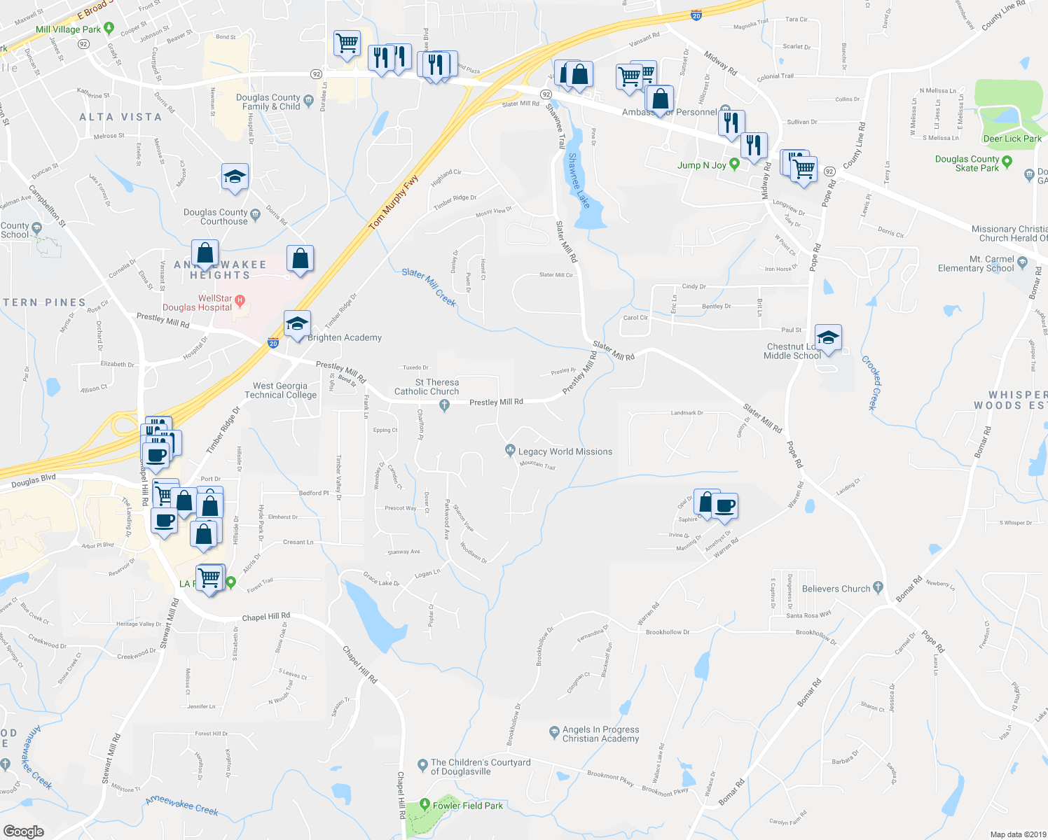 map of restaurants, bars, coffee shops, grocery stores, and more near 5450 Steeple Chase in Douglasville