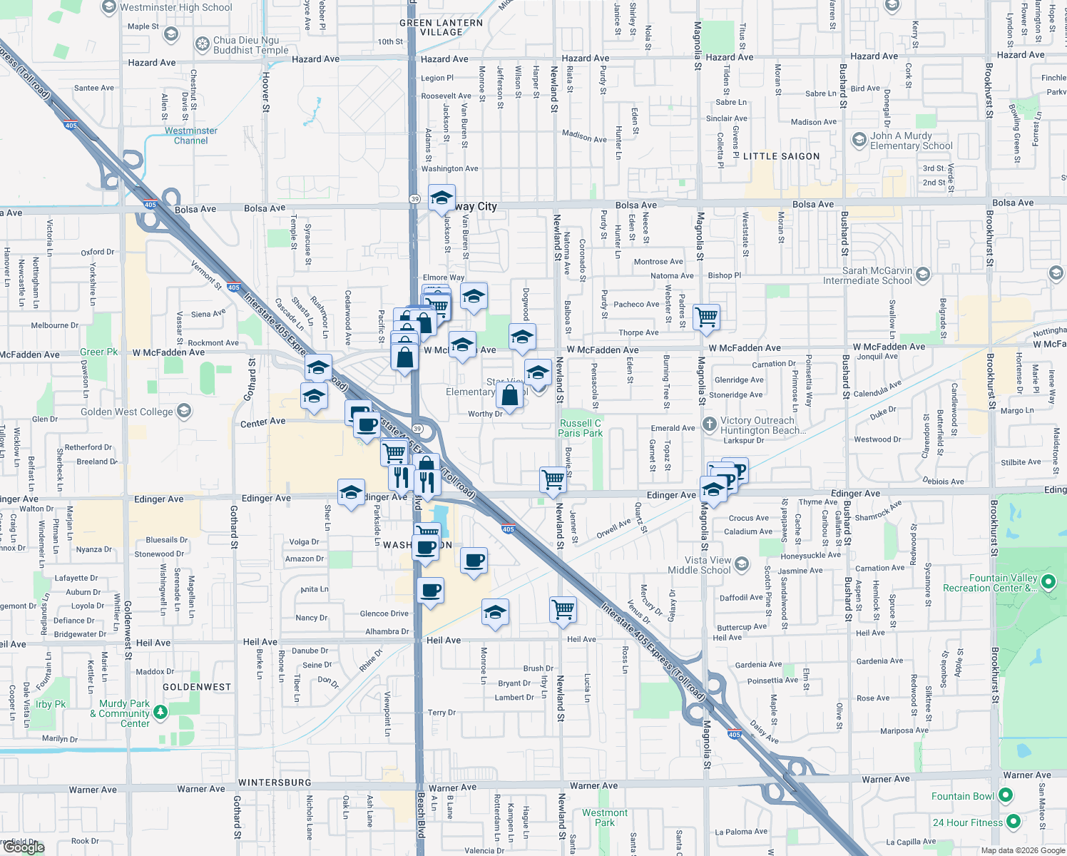 map of restaurants, bars, coffee shops, grocery stores, and more near 15761 Newland Street in Westminster