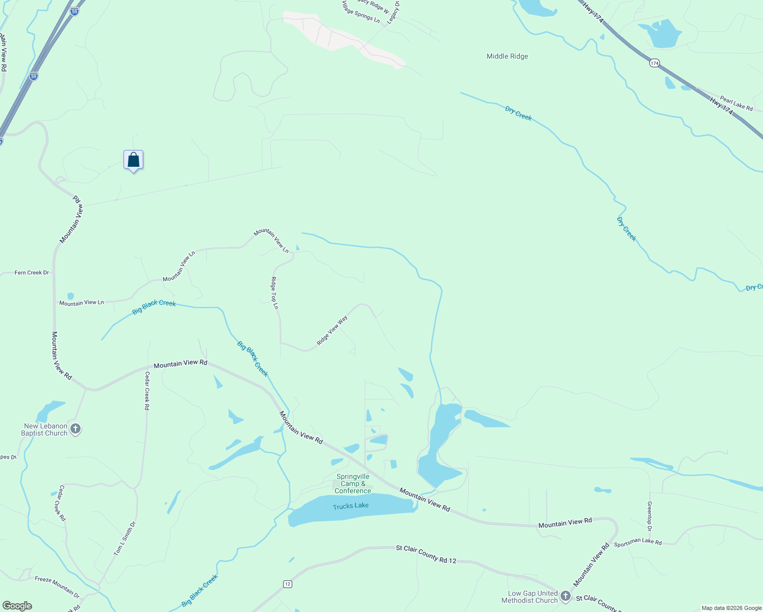map of restaurants, bars, coffee shops, grocery stores, and more near 295 Ridge View Way in Springville
