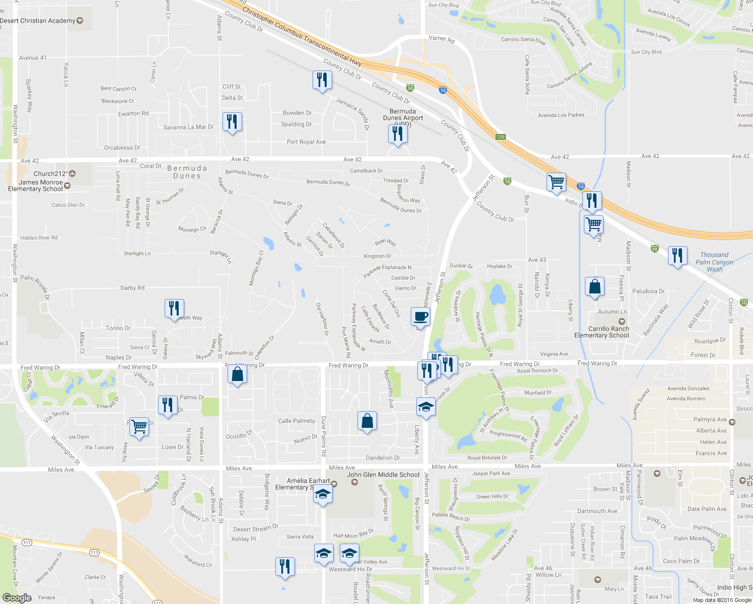 map of restaurants, bars, coffee shops, grocery stores, and more near 43424 Bordeaux Drive in La Quinta