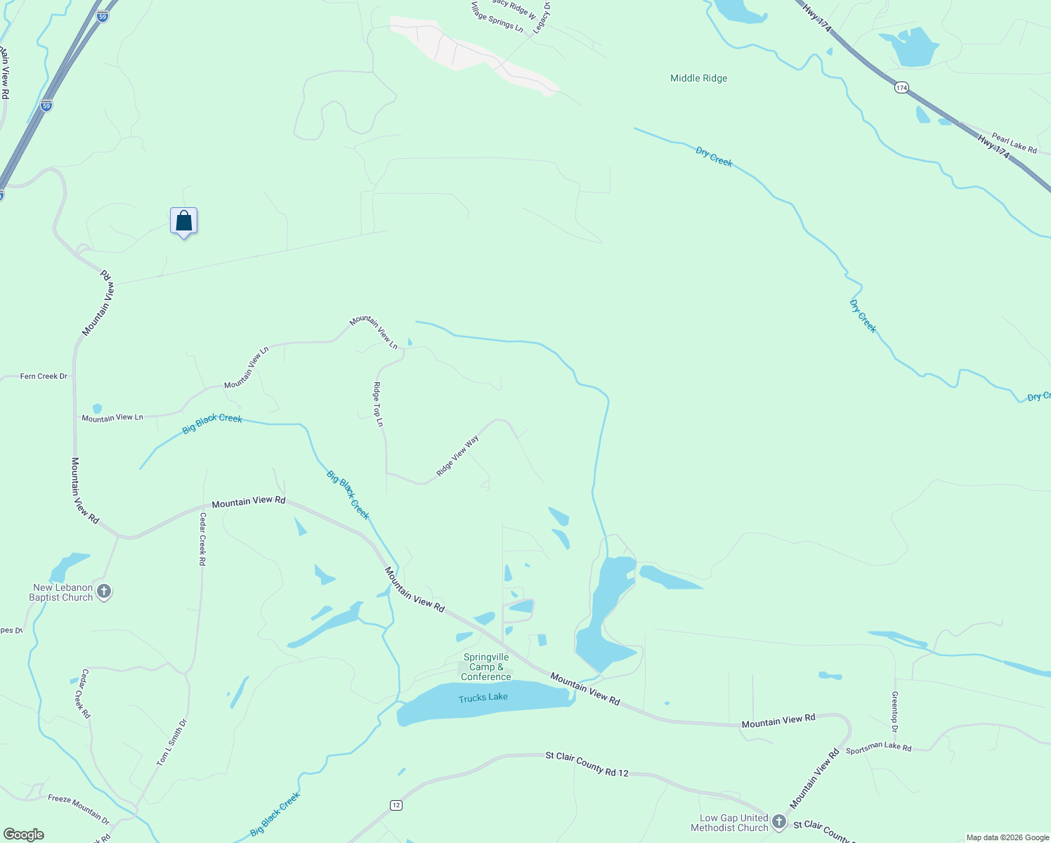map of restaurants, bars, coffee shops, grocery stores, and more near 295 Ridge View Way in Springville