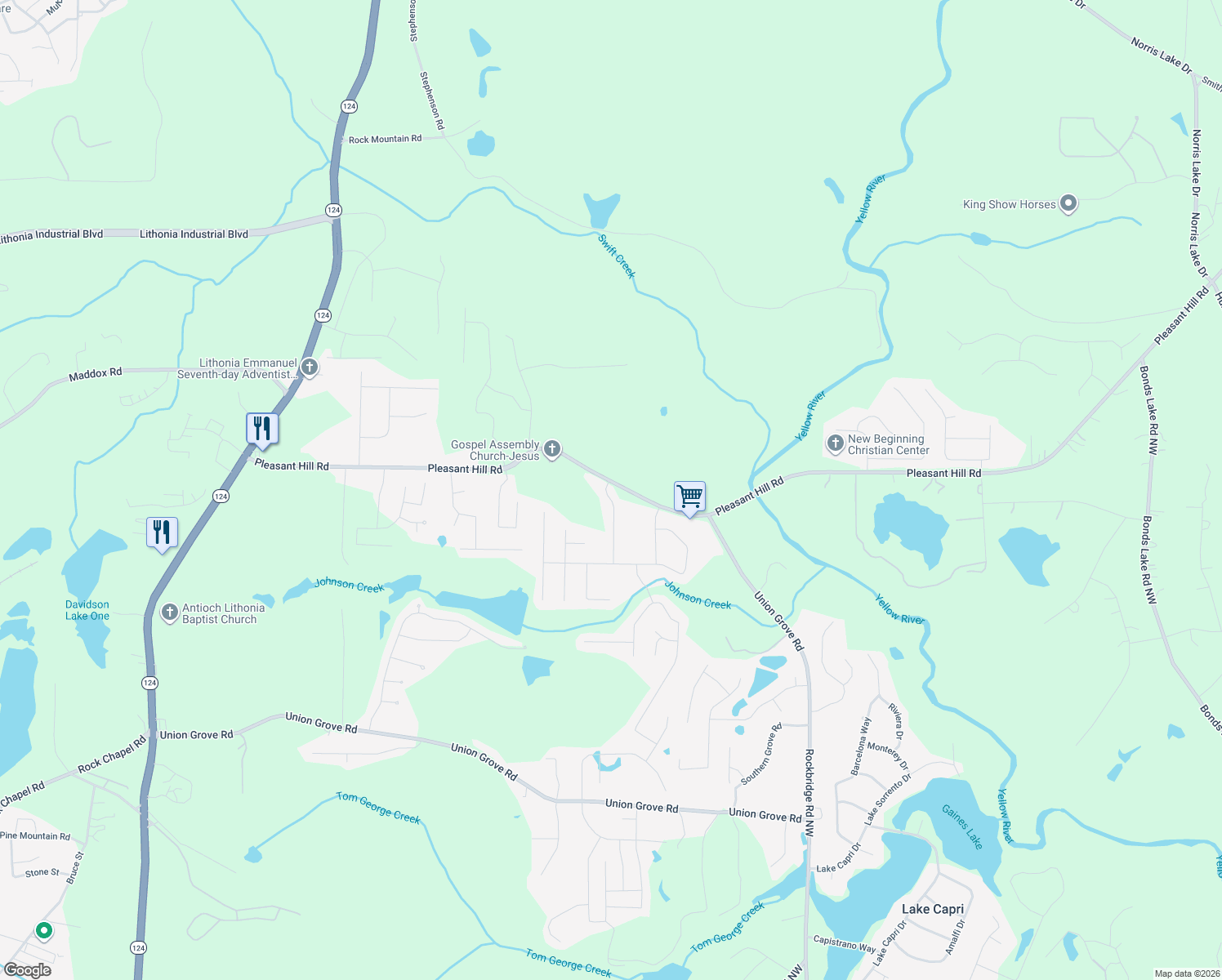 map of restaurants, bars, coffee shops, grocery stores, and more near 1858 Demilio Drive in Lithonia