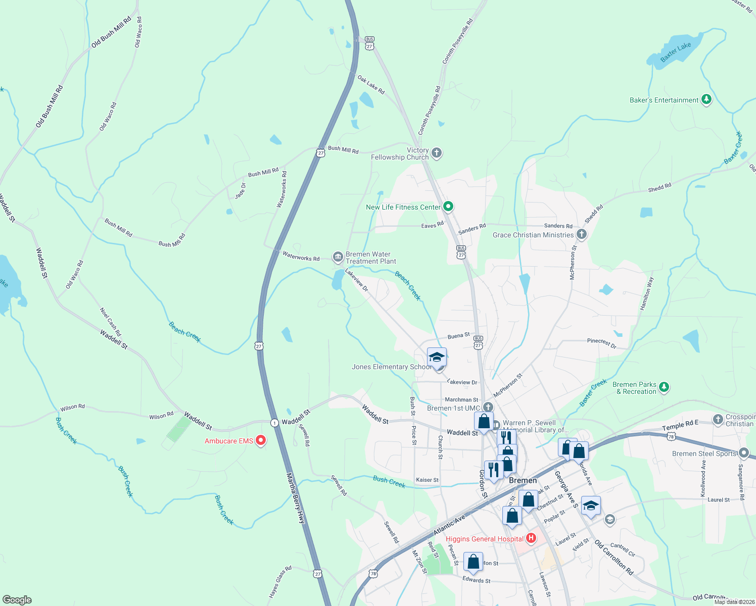 map of restaurants, bars, coffee shops, grocery stores, and more near 324 Lakeview Drive in Bremen