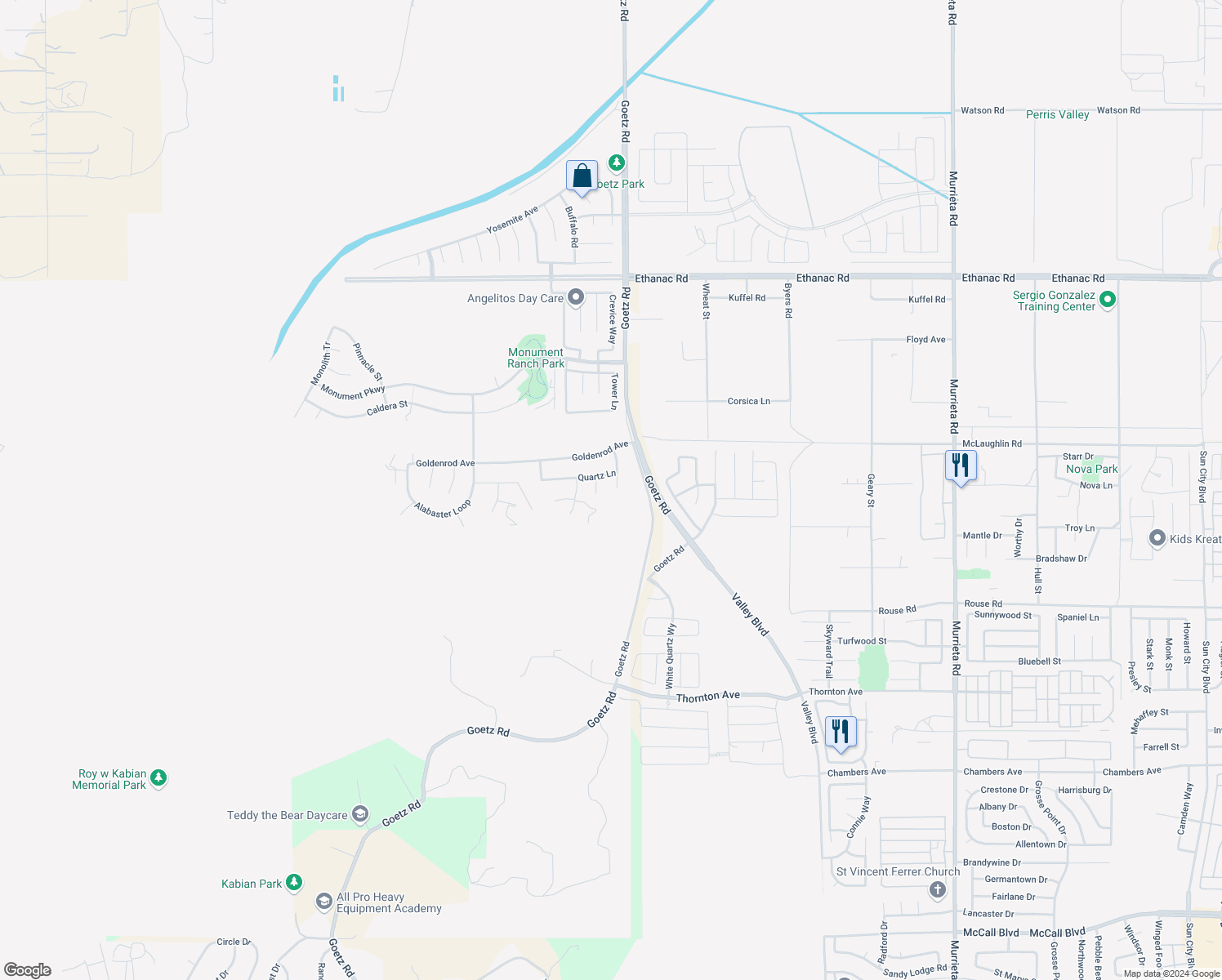 map of restaurants, bars, coffee shops, grocery stores, and more near 3816 Juniper Lane in Perris