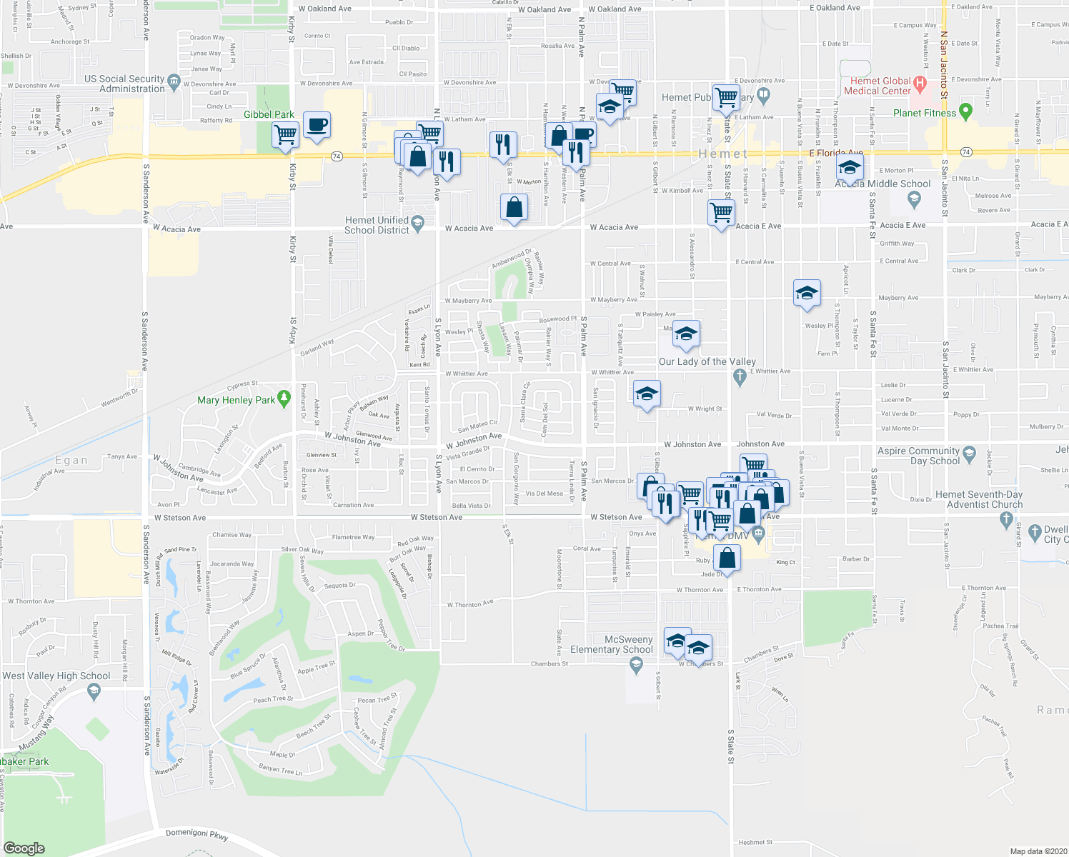 map of restaurants, bars, coffee shops, grocery stores, and more near 631 Santa Clara Circle in Hemet
