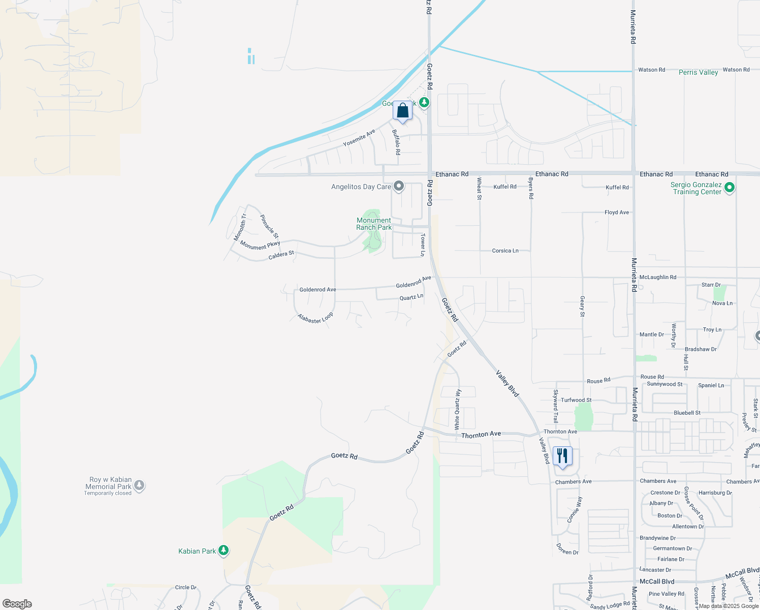 map of restaurants, bars, coffee shops, grocery stores, and more near 131 Quartz Lane in Perris