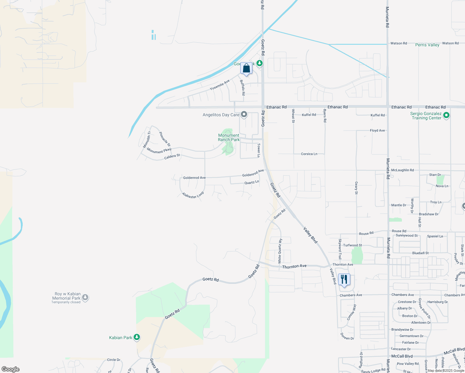 map of restaurants, bars, coffee shops, grocery stores, and more near 131 Quartz Lane in Perris