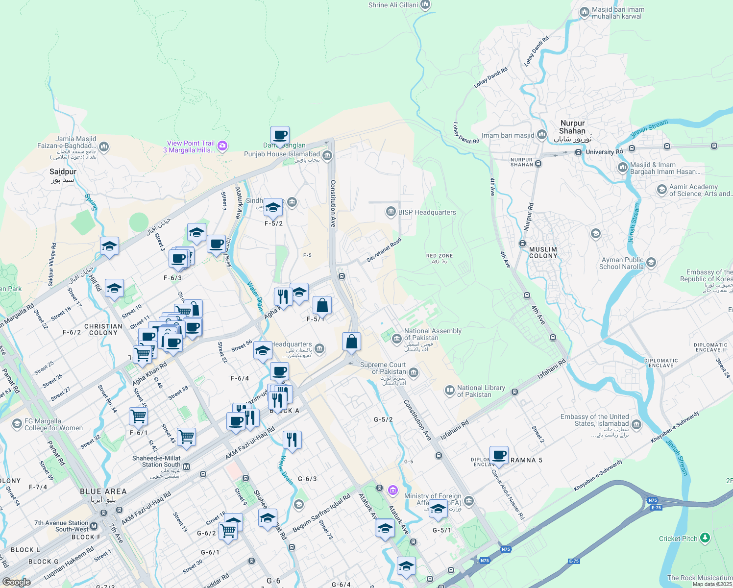 map of restaurants, bars, coffee shops, grocery stores, and more near Constitution Avenue in Islamabad