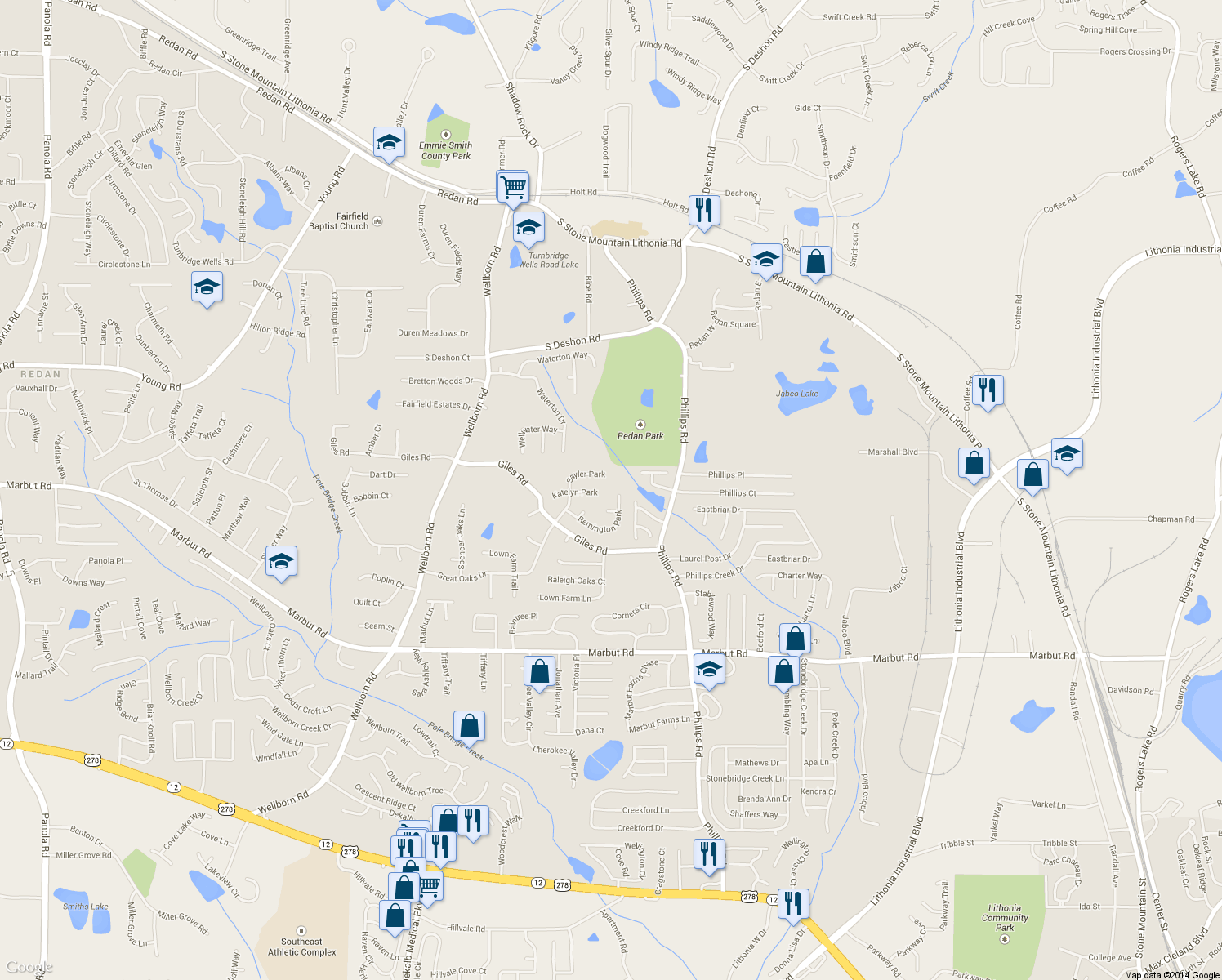 map of restaurants, bars, coffee shops, grocery stores, and more near 6258 Remington Park in Lithonia
