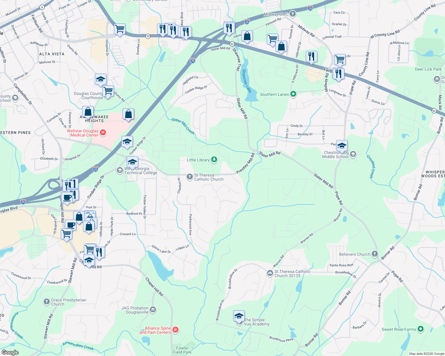 map of restaurants, bars, coffee shops, grocery stores, and more near 5450 Steeple Chase in Douglasville