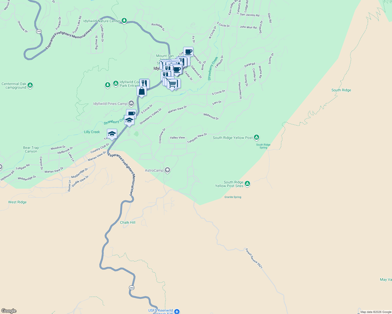 map of restaurants, bars, coffee shops, grocery stores, and more near 54575 Memory Lane in Idyllwild-Pine Cove