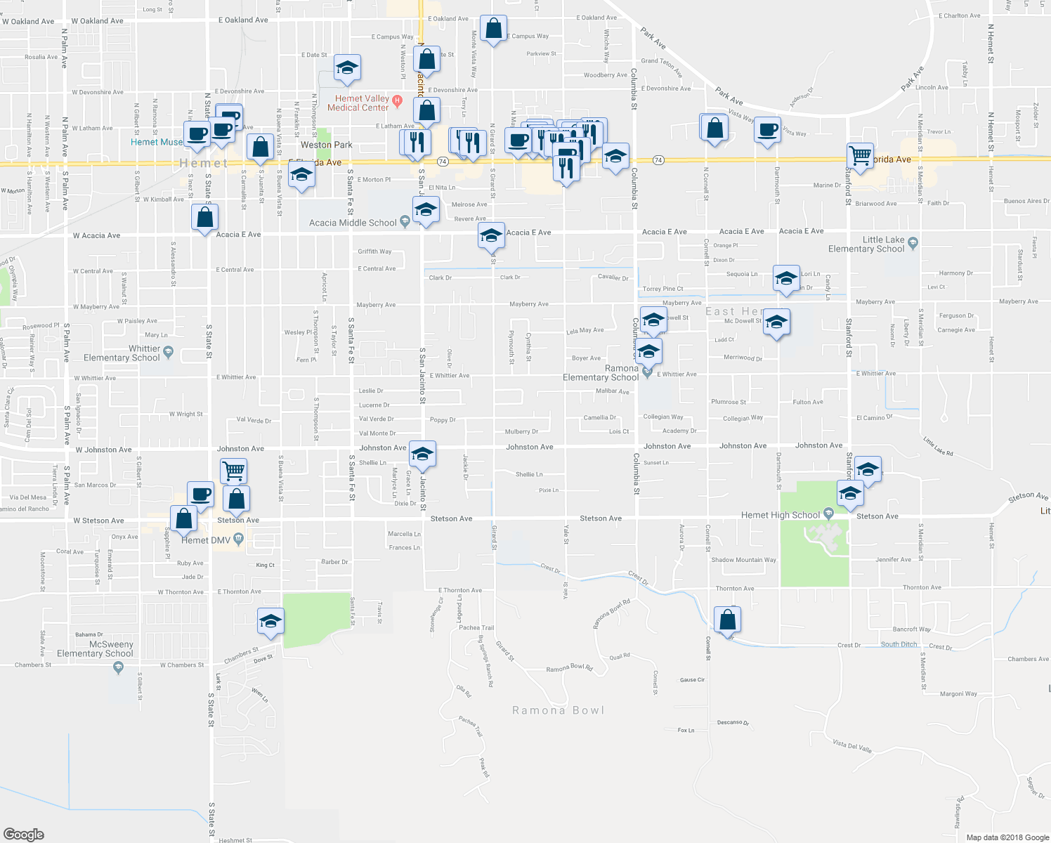 map of restaurants, bars, coffee shops, grocery stores, and more near 40603 Poppy Drive in Hemet