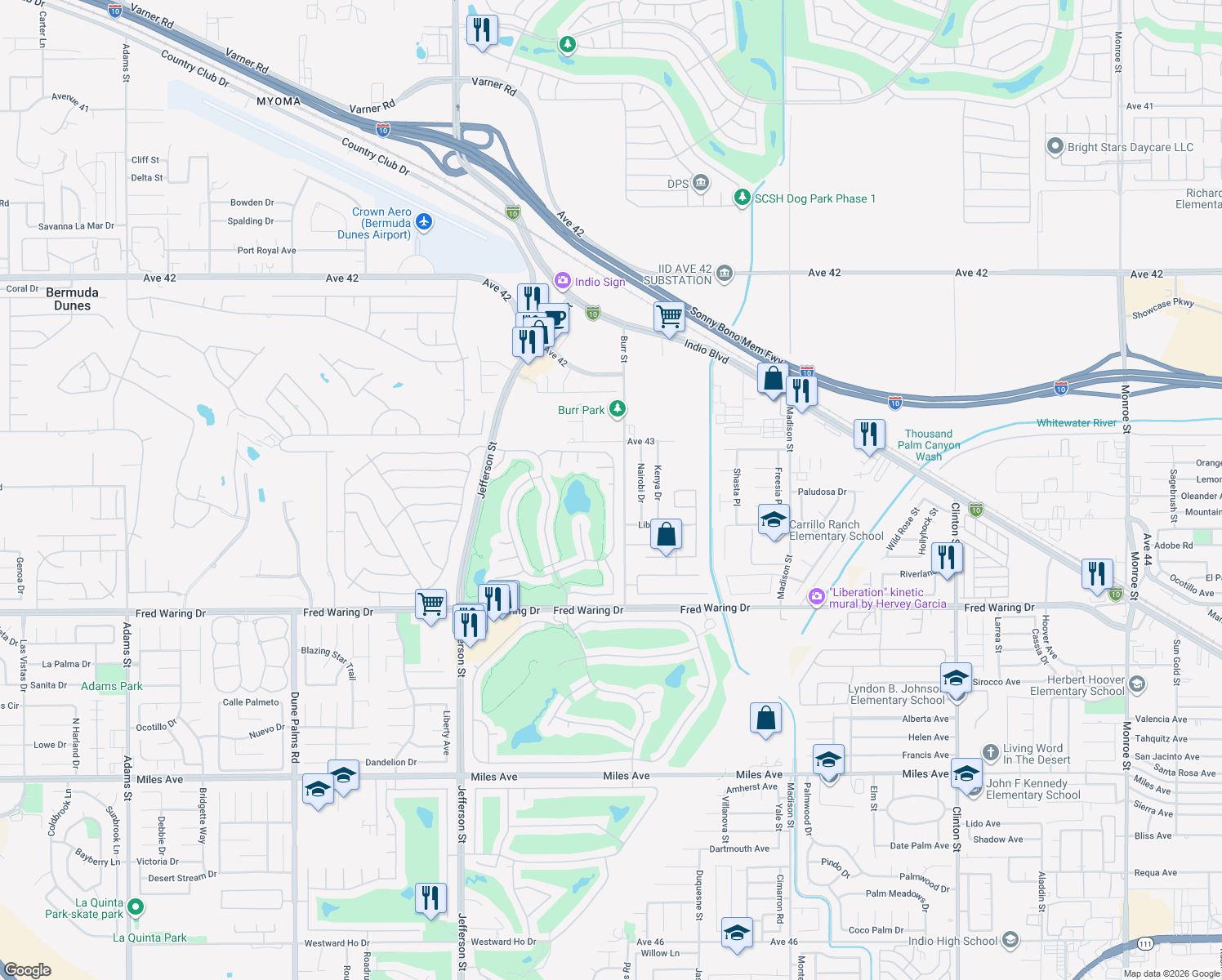 map of restaurants, bars, coffee shops, grocery stores, and more near 80729 Braemar Court in Indio