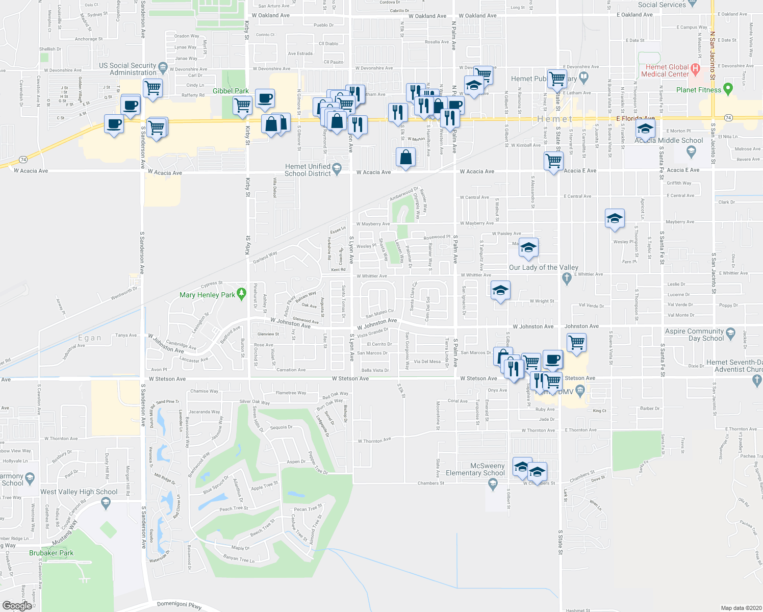 map of restaurants, bars, coffee shops, grocery stores, and more near 120 Santa Paula Drive in Hemet
