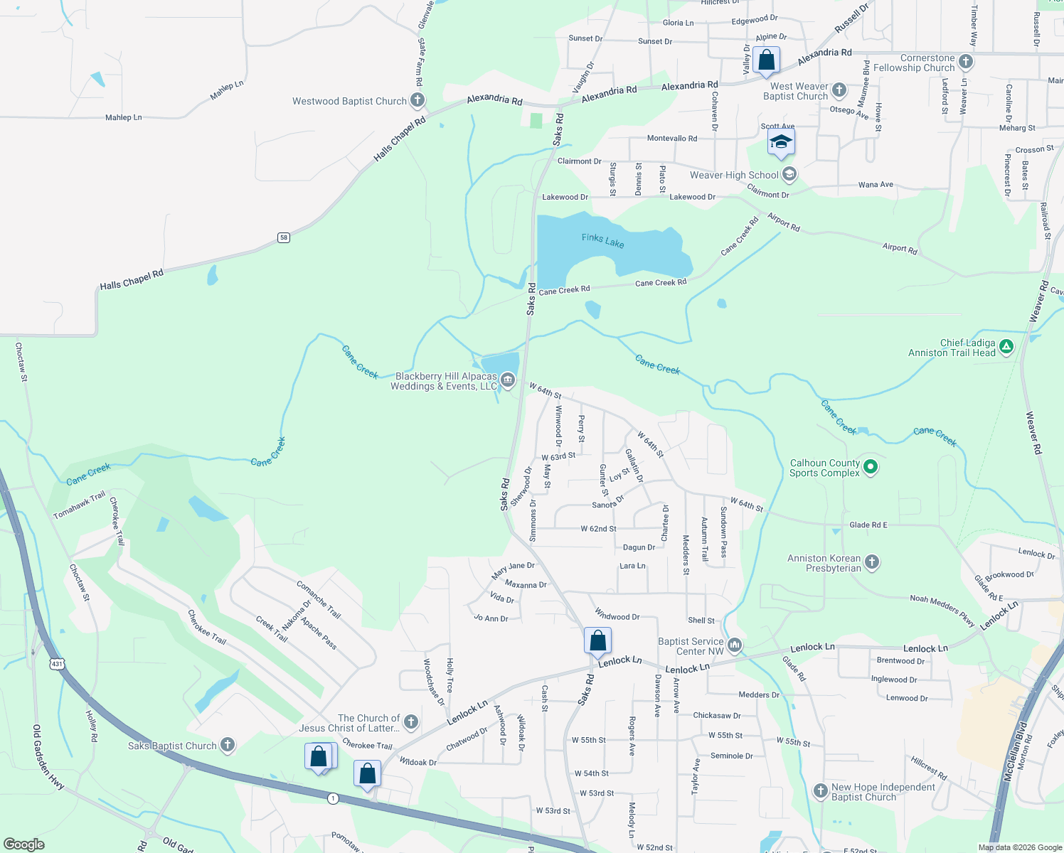 map of restaurants, bars, coffee shops, grocery stores, and more near 6321 Sherwood Drive in Anniston