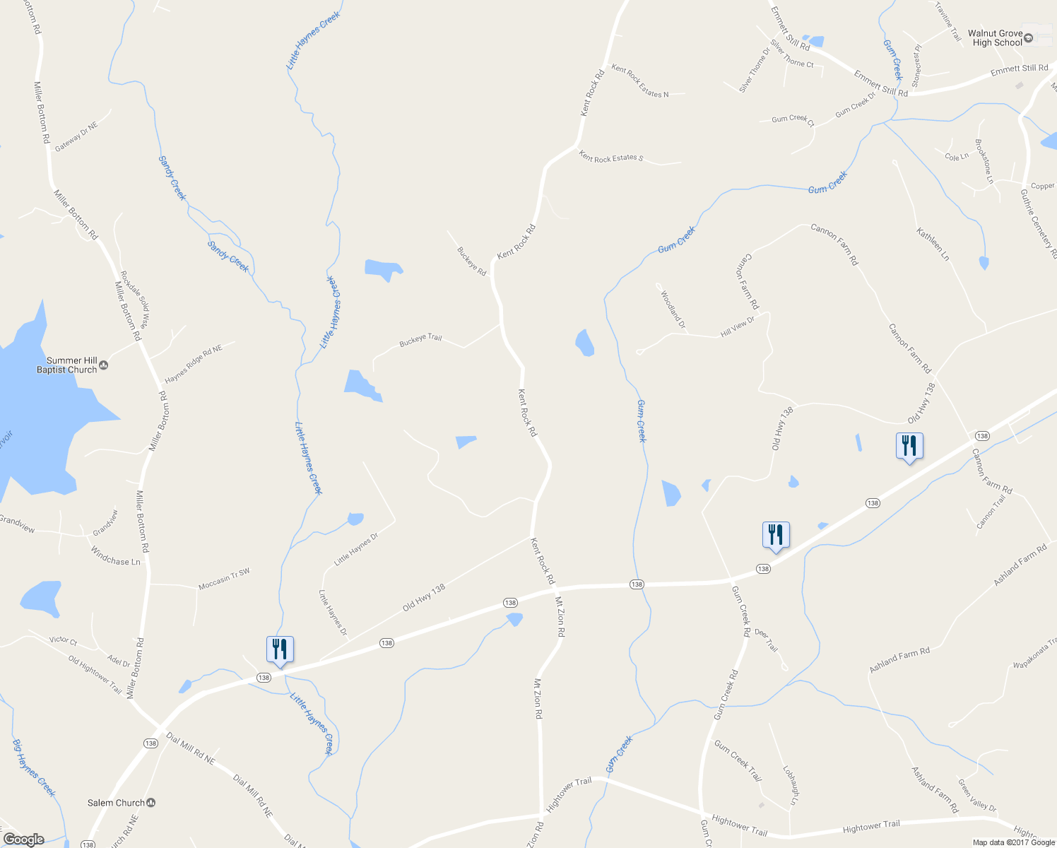 map of restaurants, bars, coffee shops, grocery stores, and more near 337 Kent Rock Road in Loganville