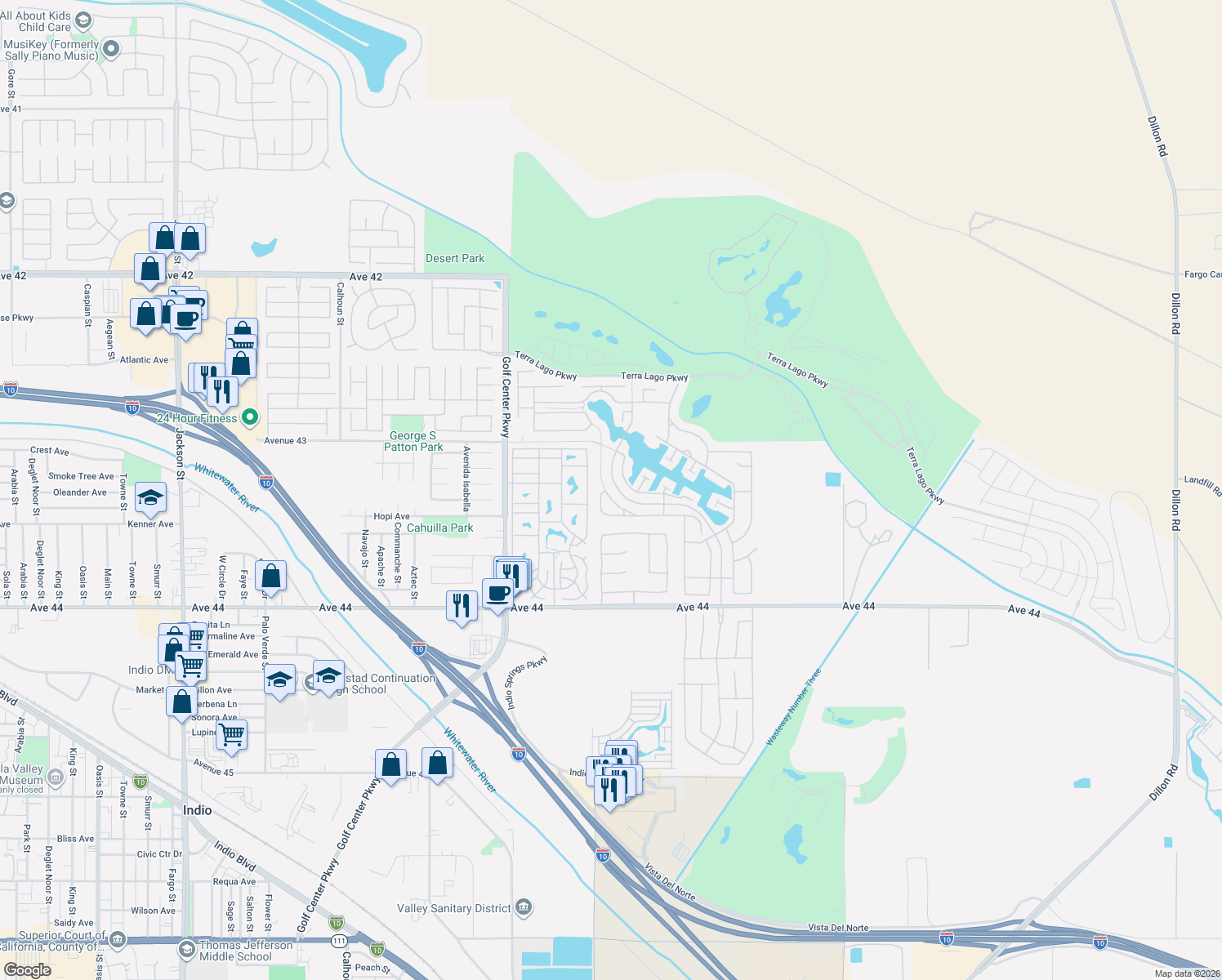 map of restaurants, bars, coffee shops, grocery stores, and more near 43280 Fiore St in Indio