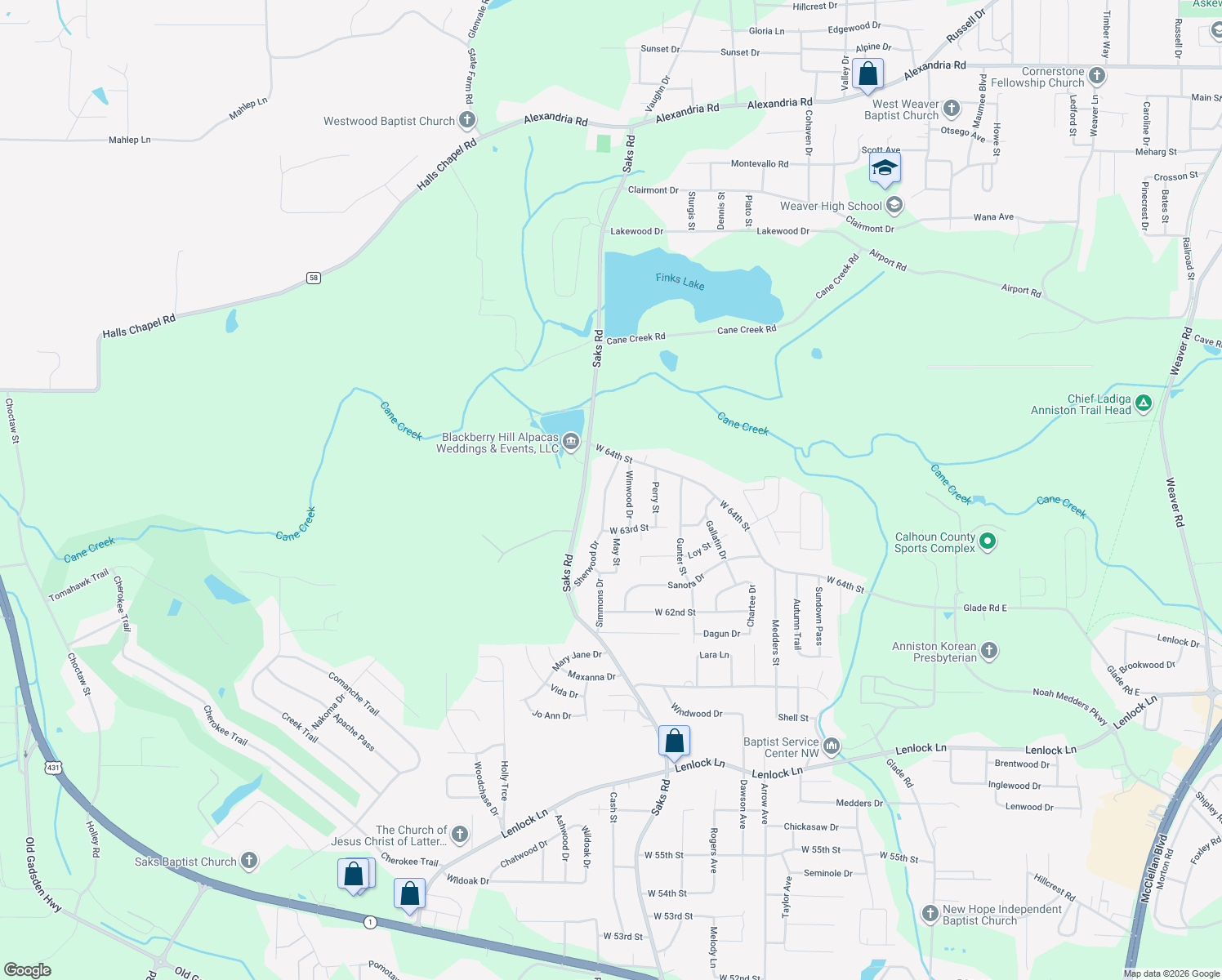 map of restaurants, bars, coffee shops, grocery stores, and more near 6321 Sherwood Drive in Anniston