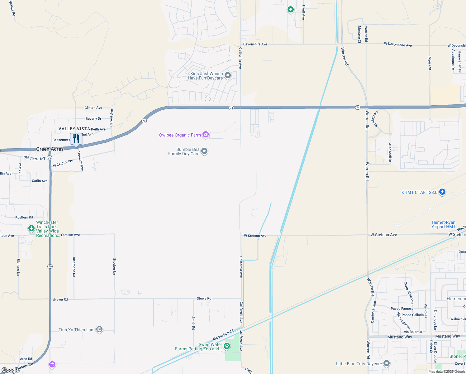map of restaurants, bars, coffee shops, grocery stores, and more near 26633 California Avenue in Hemet