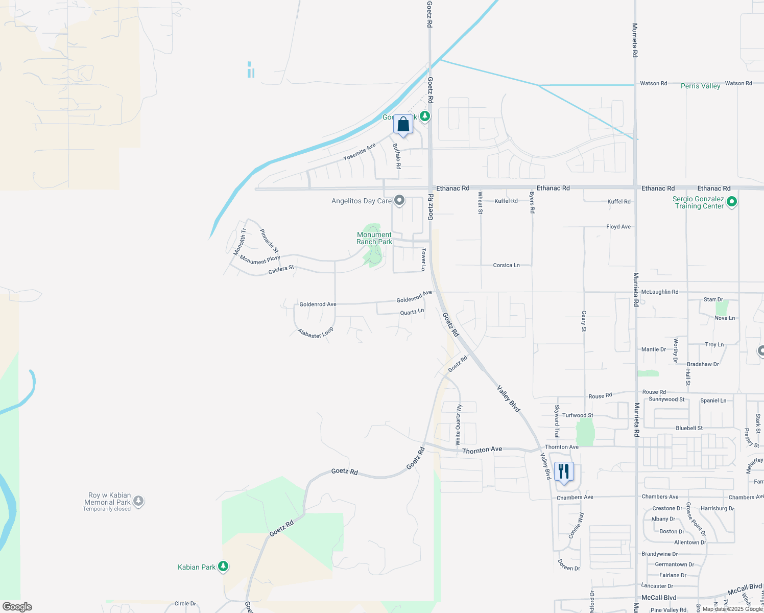 map of restaurants, bars, coffee shops, grocery stores, and more near 129 Goldenrod Avenue in Perris
