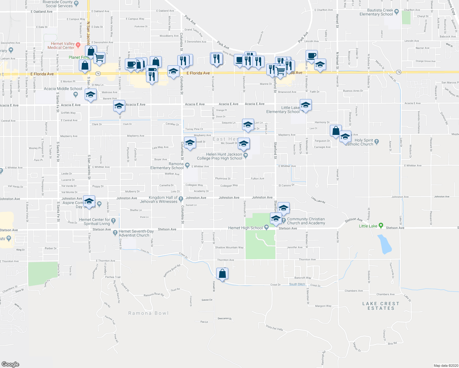 map of restaurants, bars, coffee shops, grocery stores, and more near 41384 Collegian Way in Hemet