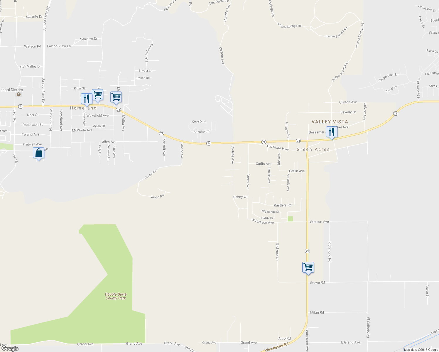 map of restaurants, bars, coffee shops, grocery stores, and more near 26613 Cortrite Avenue in Hemet